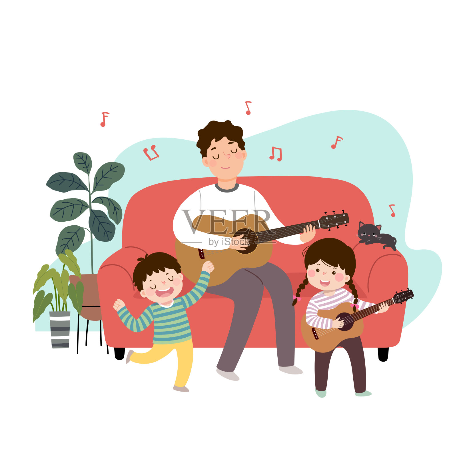 矢量插图的卡通父亲弹吉他和唱歌与他的孩子在家里。家庭享受时间在家的概念。设计元素图片