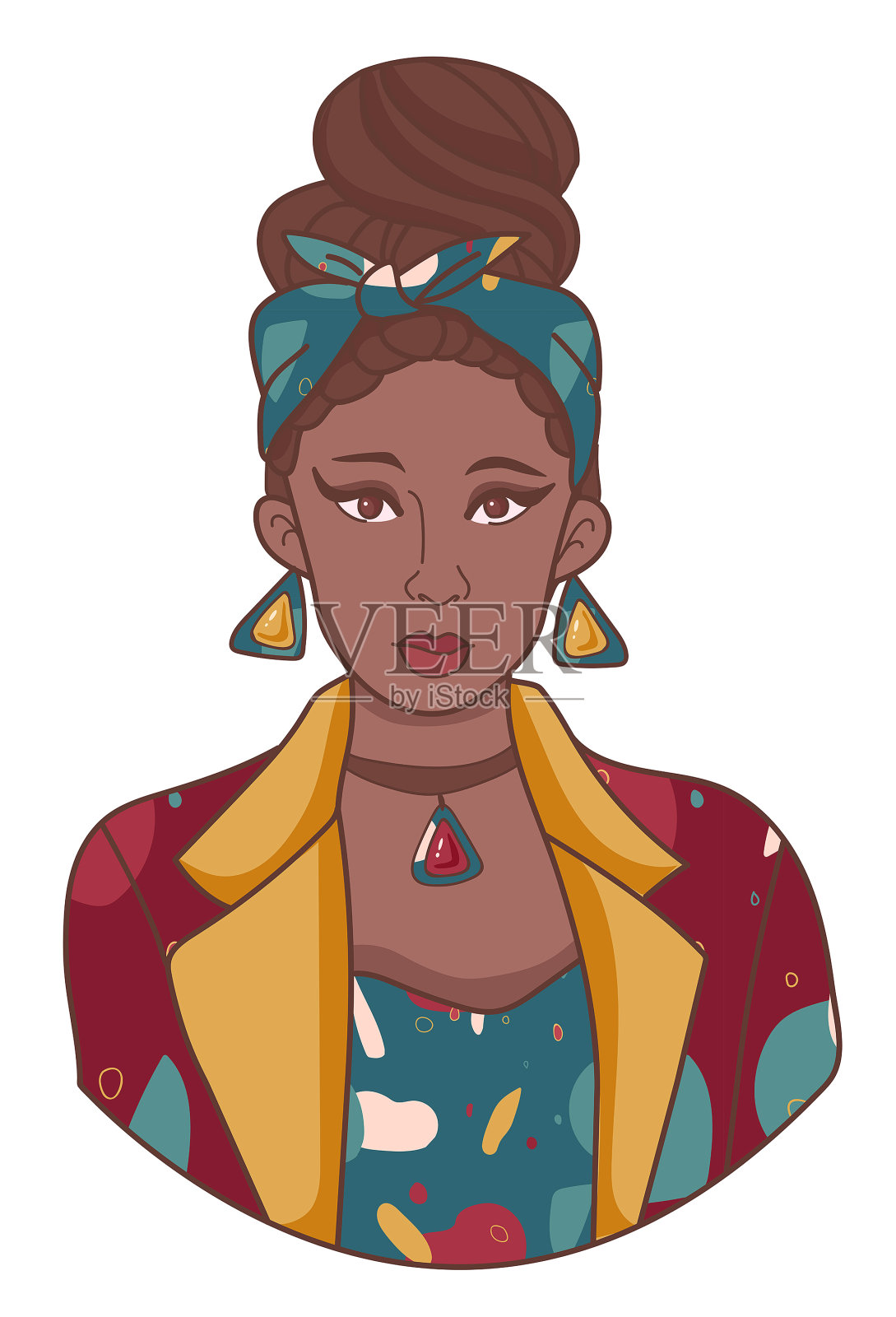 非裔美国女孩肖像与鲜艳的印花衣服和珠宝(理想的印花布或纸张，海报或墙纸，房屋装饰)插画图片素材