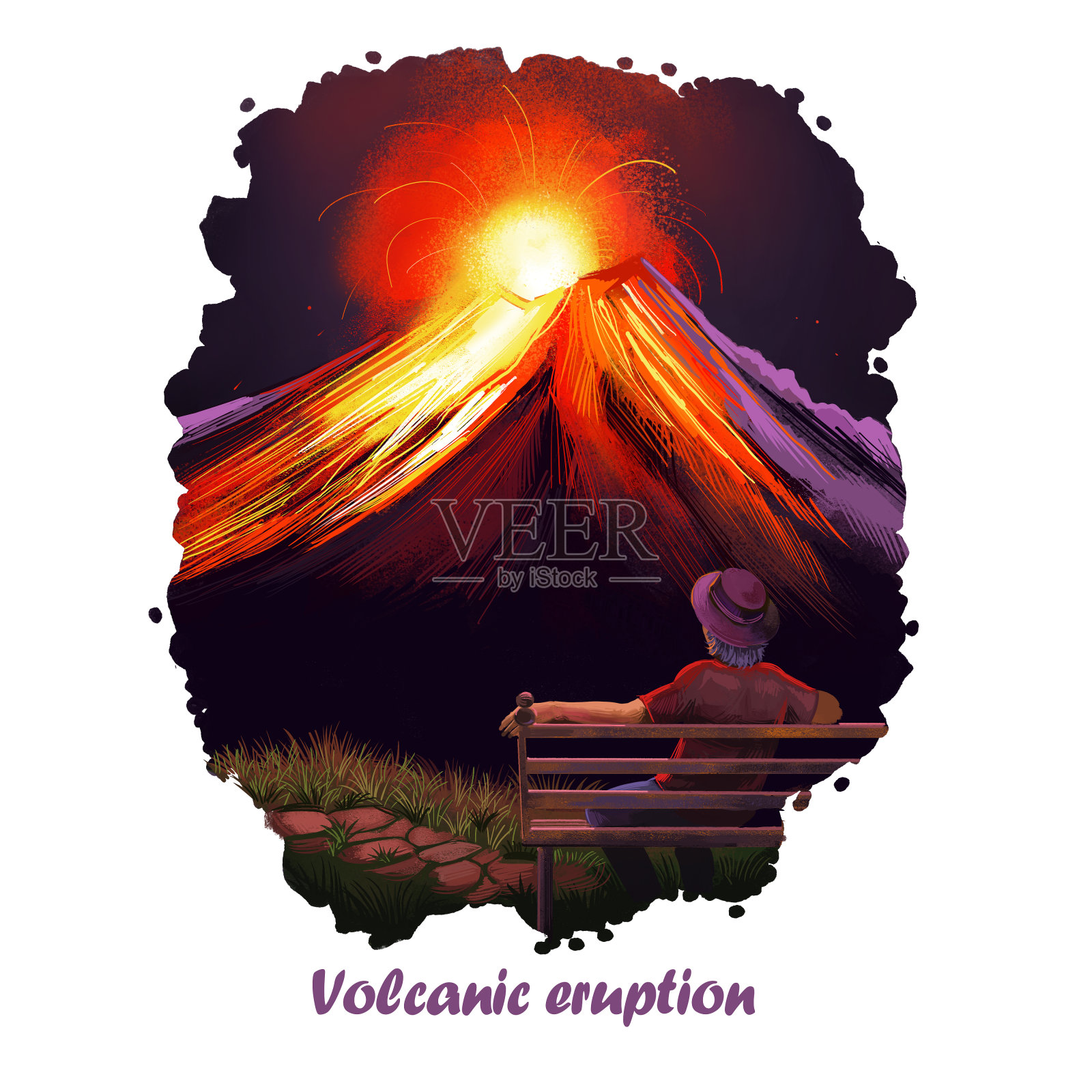 火山爆发数字艺术插画的自然灾害。人们坐在长凳上观看火山喷发。岩浆出山，自然造成环境问题，岩浆流动插画图片素材