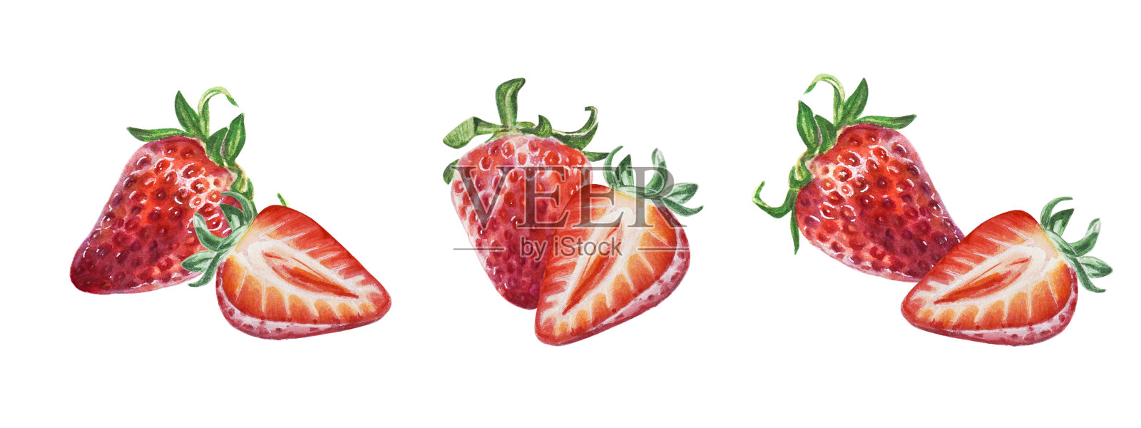 水彩设置红色多汁的草莓与一半的浆果。手绘食物插图。水果打印。插画图片素材