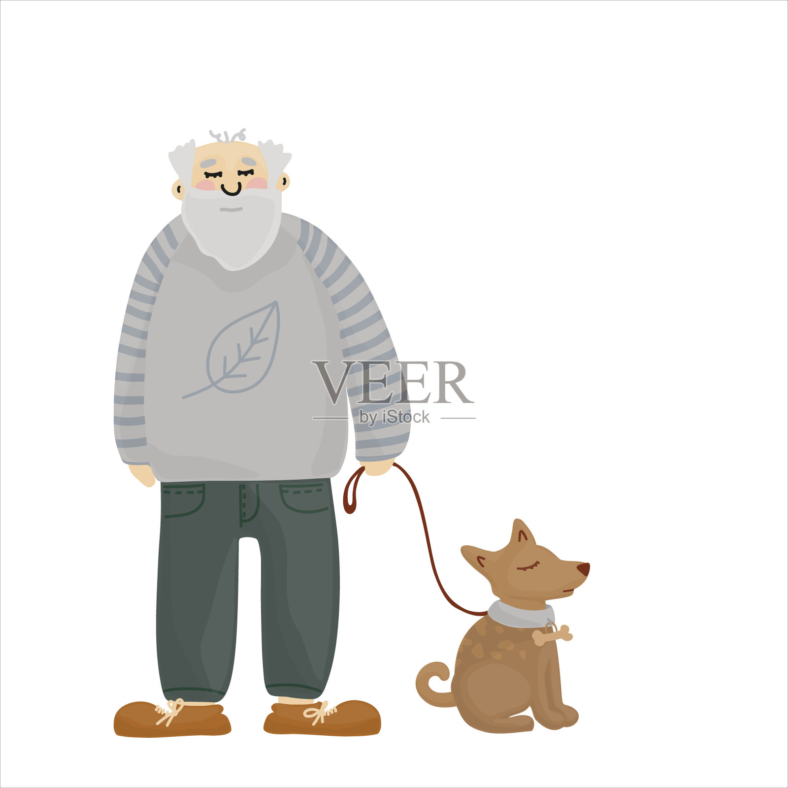 穿着干草毛衣的退休男子。爷爷带着一只狗。一个灰白头发和胡子的老人。插画图片素材