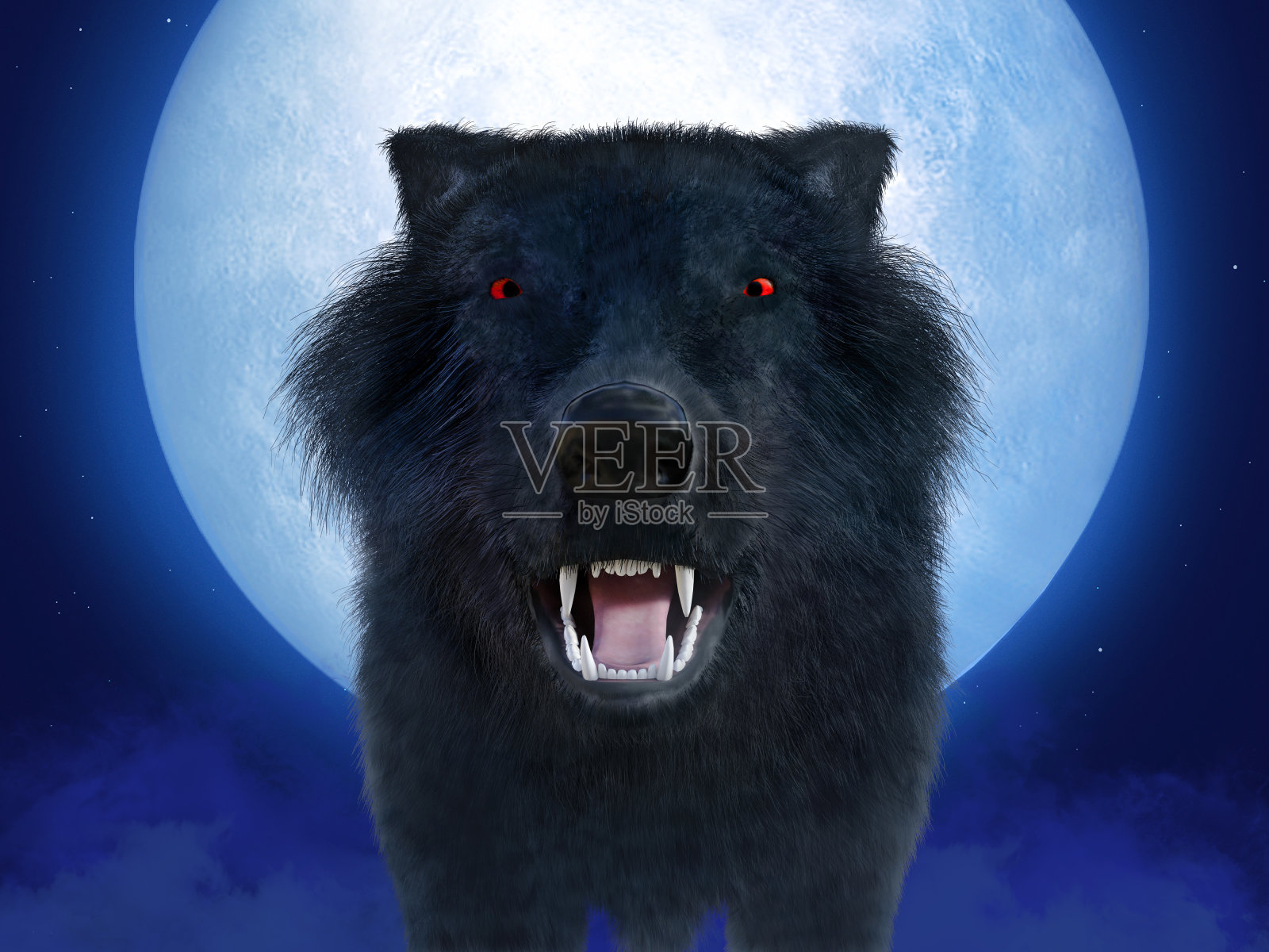 3D渲染的黑狼与红色的眼睛在月光。照片摄影图片