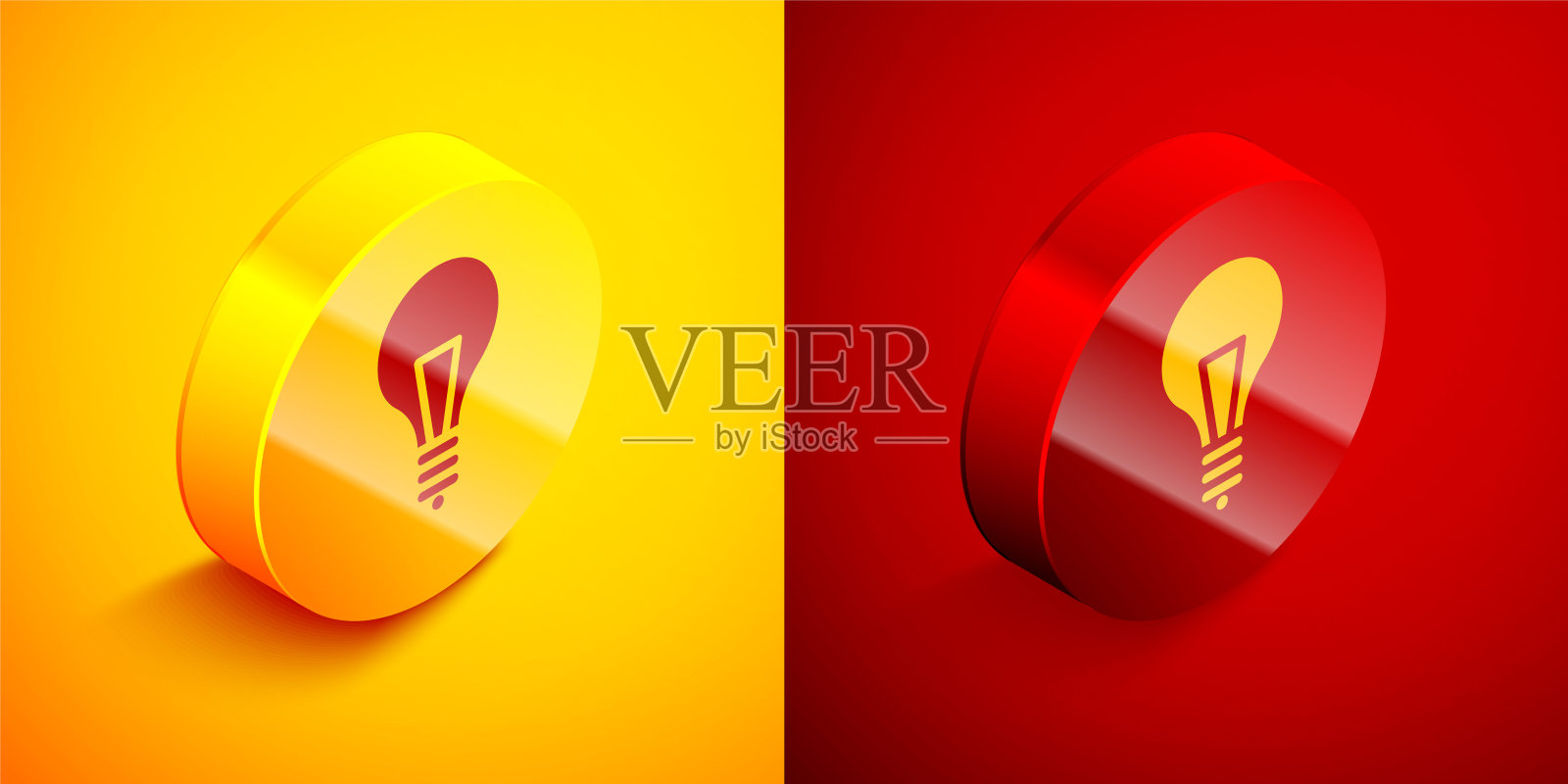 等距灯泡的概念概念图标孤立在橙色和红色的背景。能量和理念的象征。灵感的概念。圆按钮。矢量图图标素材