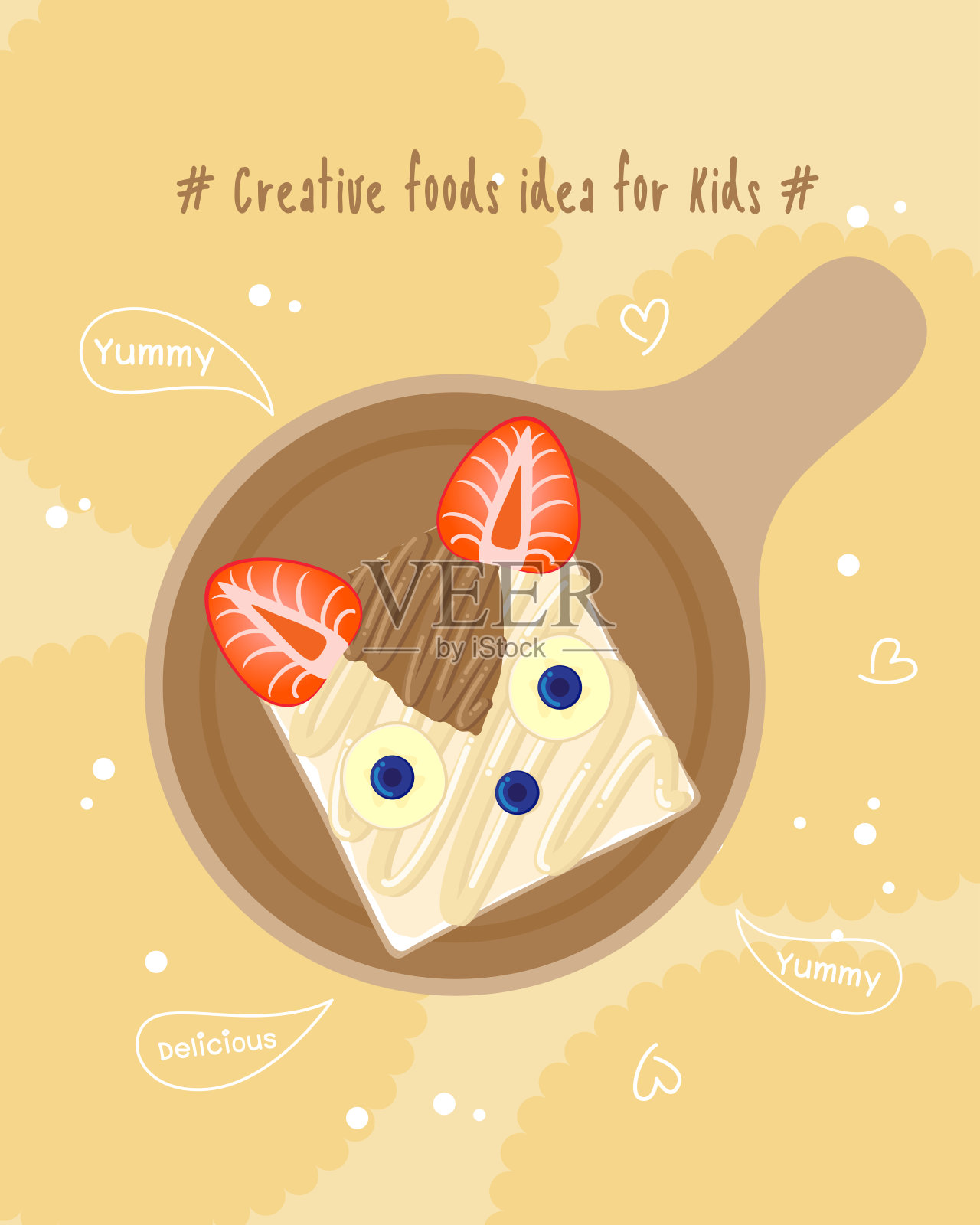 孩子的创意，牛奶面包片和水果草莓，香蕉，蓝莓，可爱的食物风格，矢量插图插画图片素材