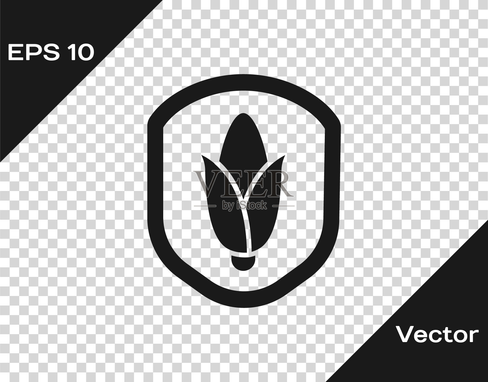 黑盾玉米图标孤立在透明的背景。安全、安全、保护、隐私的理念。向量插画图片素材