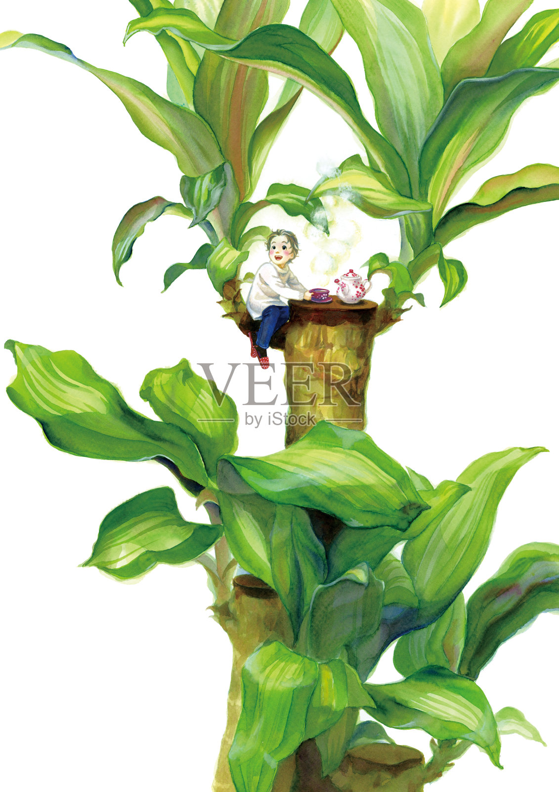 一个小仙女在龙血树上喝茶休息插画图片素材