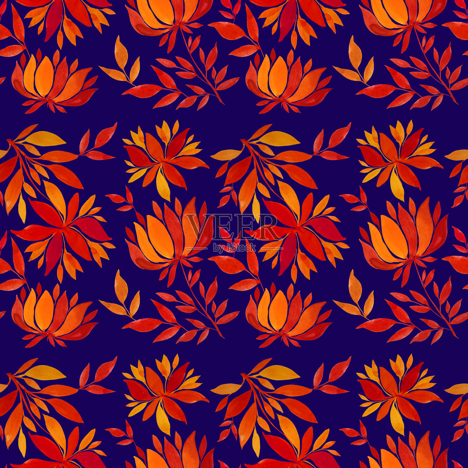 无缝图案水彩手绘橙色和红色的菊花或百合和秋天的叶子在蓝色的背景。艺术创作的自然对象贴纸，卡片，墙纸，纺织品，包装插画图片素材