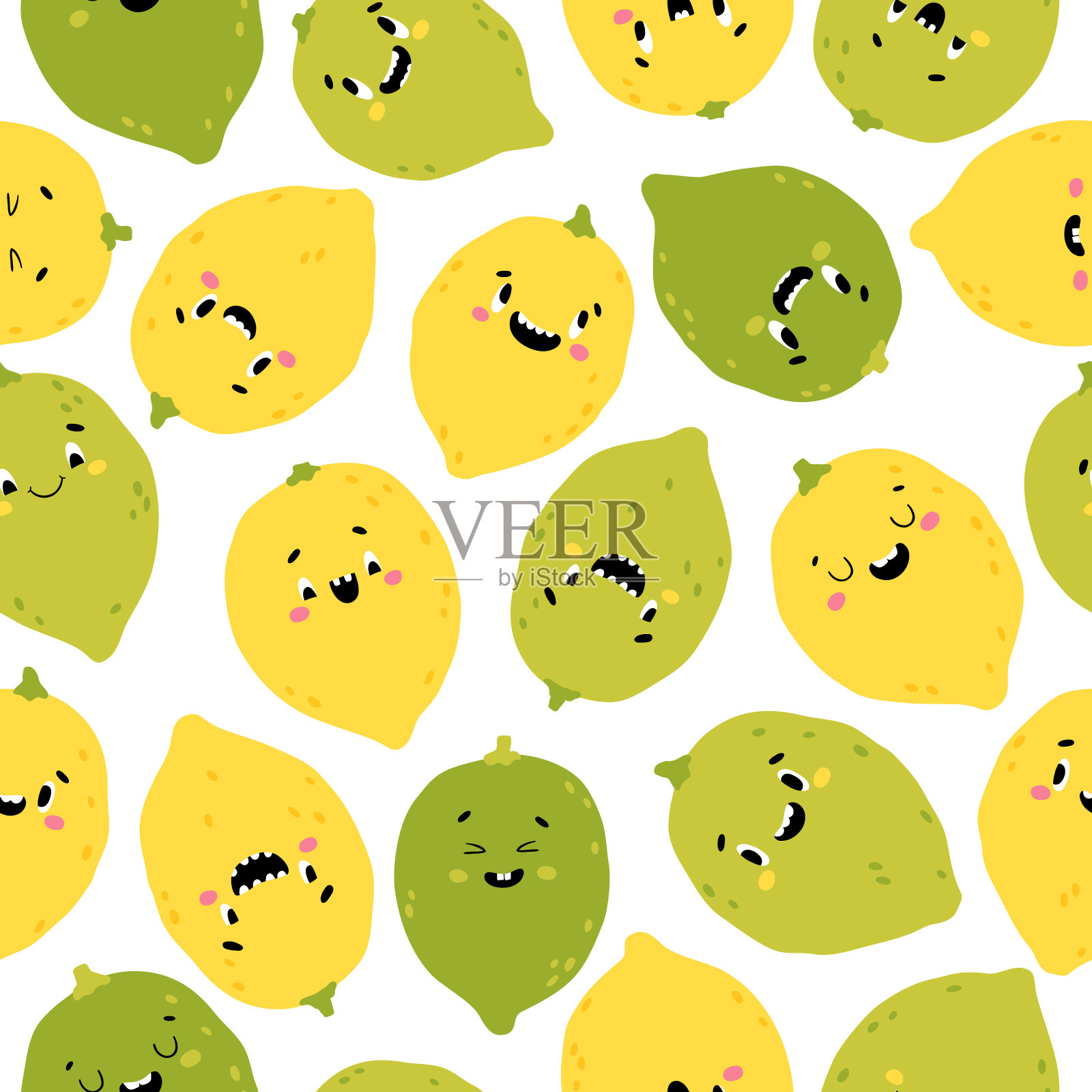 柠檬青柠无缝图案。有趣的黄色和绿色的人物和快乐的面孔。矢量卡通插图在简单的手绘斯堪的纳维亚风格。适合印刷婴儿用品插画图片素材