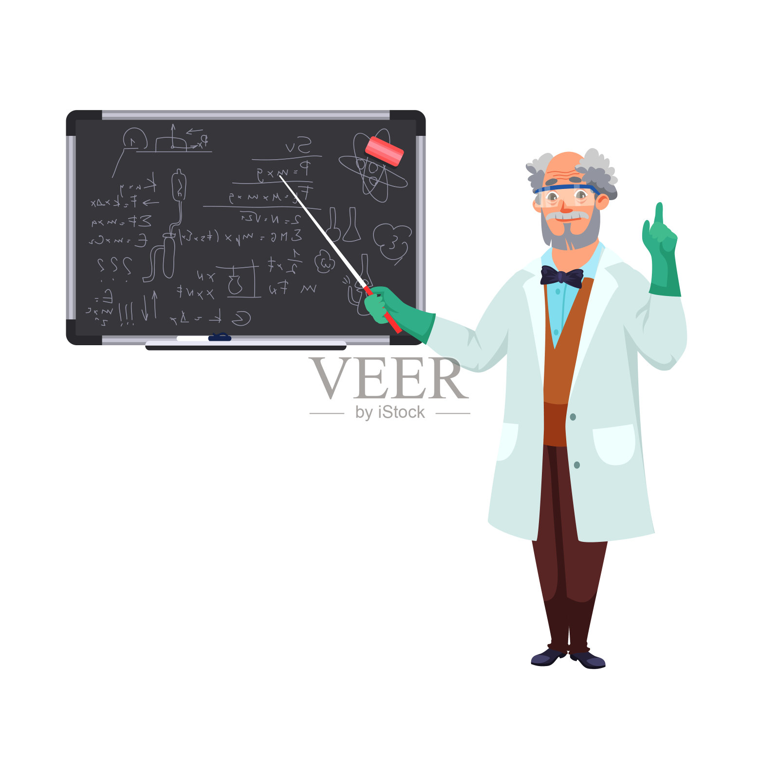 戴着安全眼镜，穿着白色制服的科学家站在黑板前设计元素图片