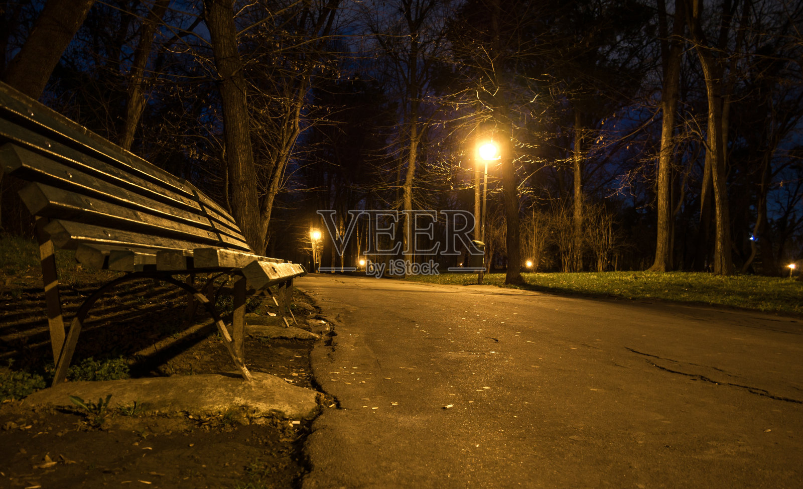 公园里夜晚的小路。公园里有灯杆和长椅的小巷照片摄影图片