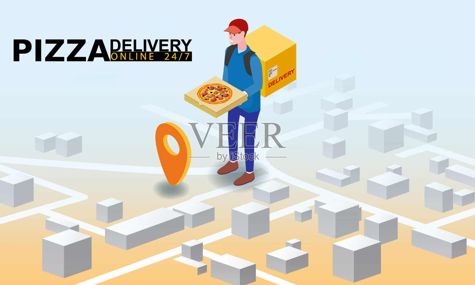 披萨快递员与包裹快餐披萨。在线服务订单，地图城市跟踪。矢量插图孤立的平面等距风格插画图片素材