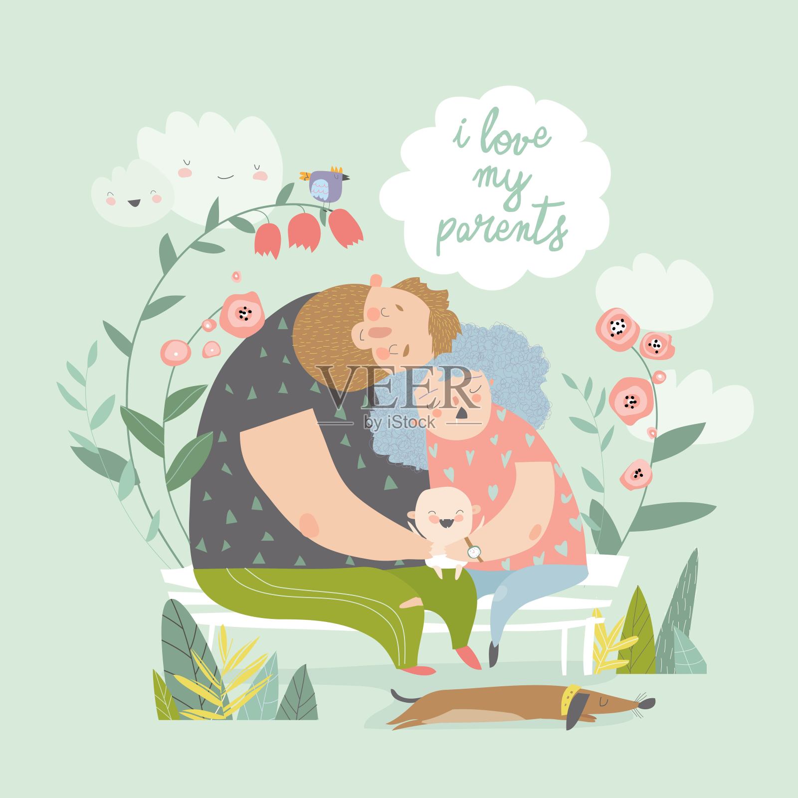疲惫的父母拥抱着他们可爱的宝宝插画图片素材