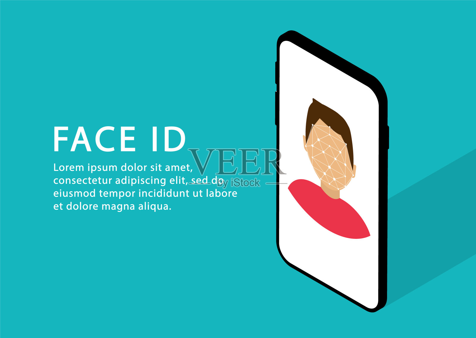 手机中的人脸识别。面对ID。识别人。等距。现代web页面。插画图片素材