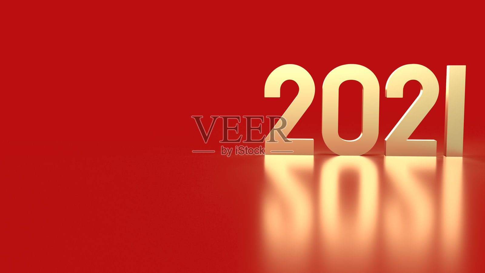 红色背景的2021黄金数字3d渲染。照片摄影图片