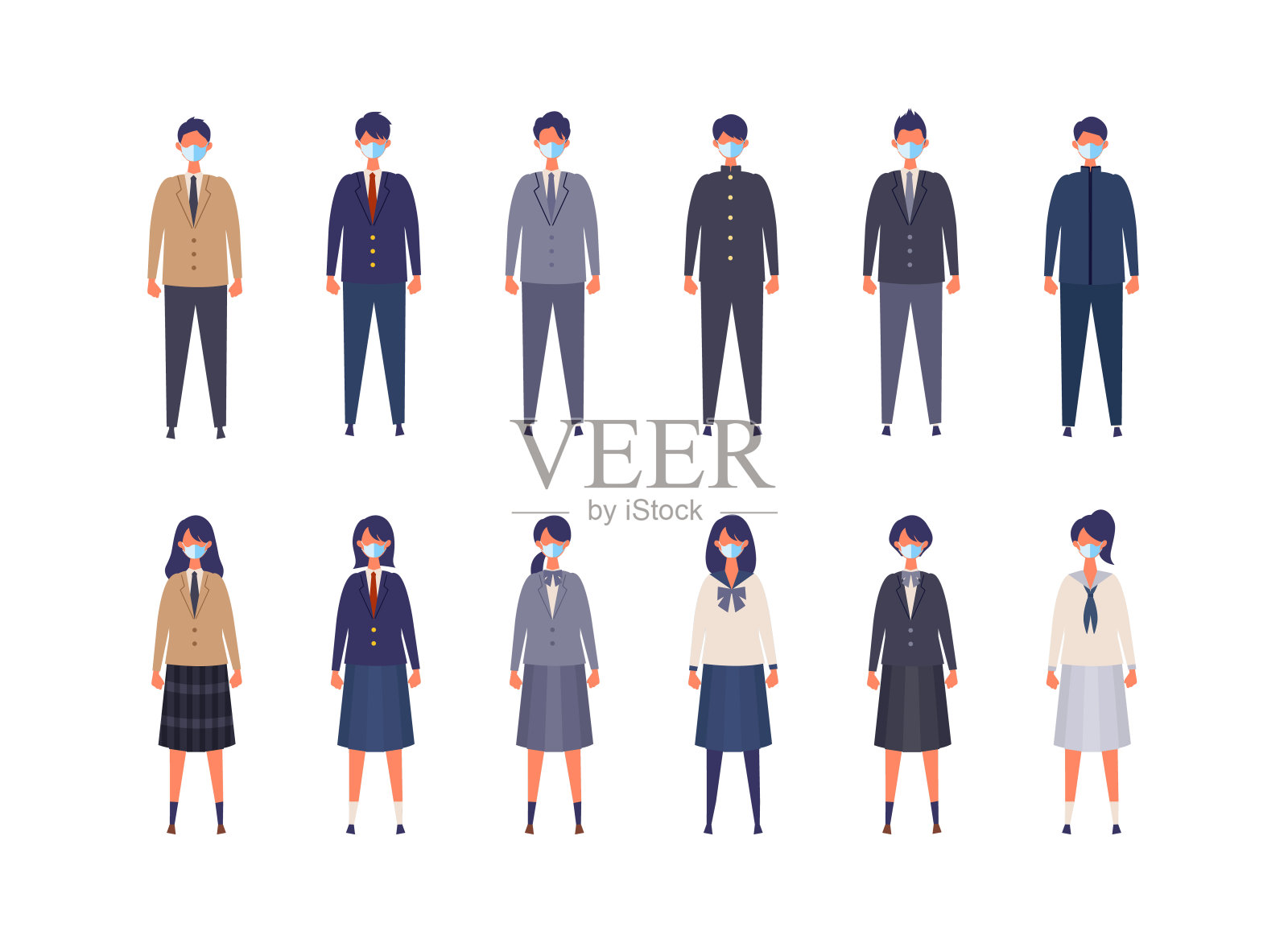 一群来自日本高中和初中的蒙面学生。矢量插图的男孩和女孩在不同的颜色制服。插画图片素材