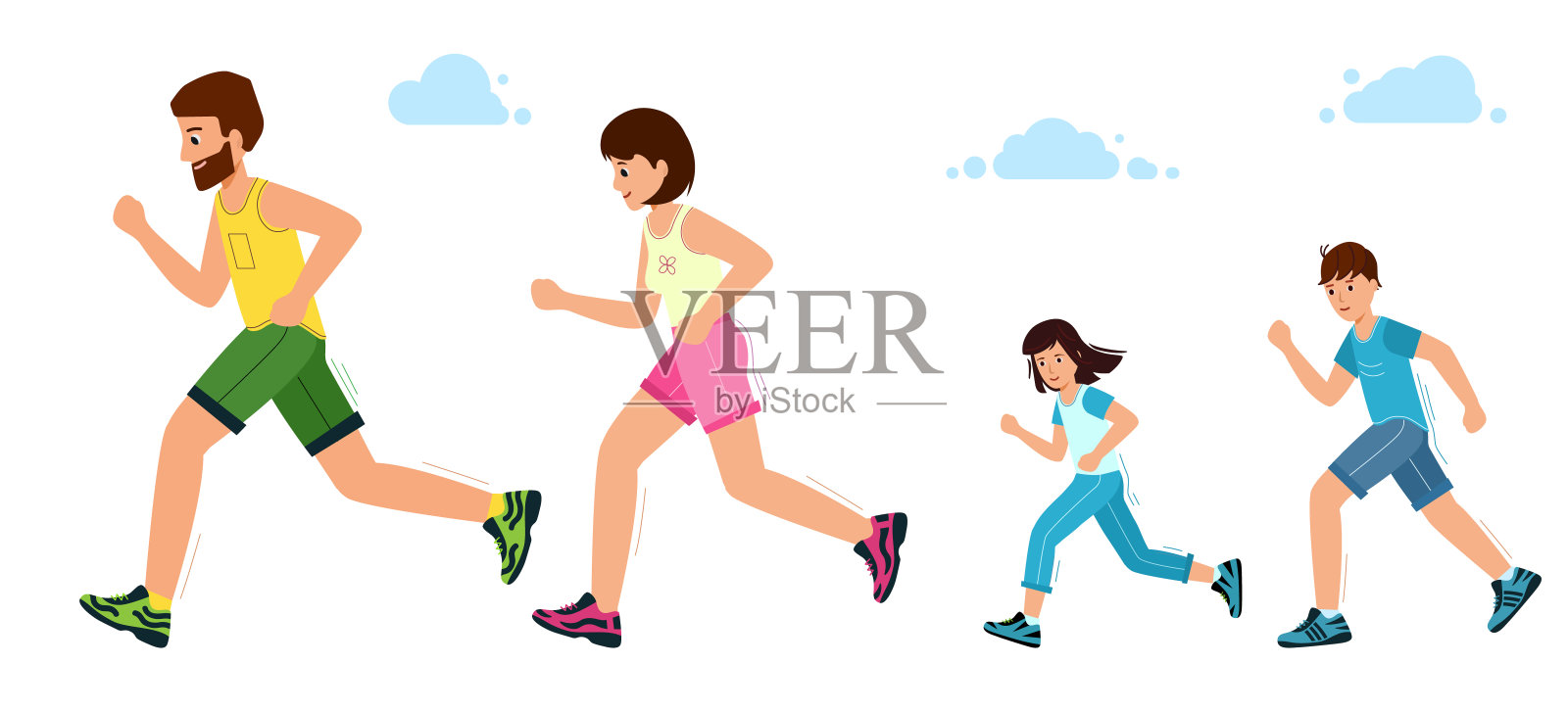幸福的家庭在慢跑。爸爸，妈妈，女儿和儿子在跑步。设计元素图片