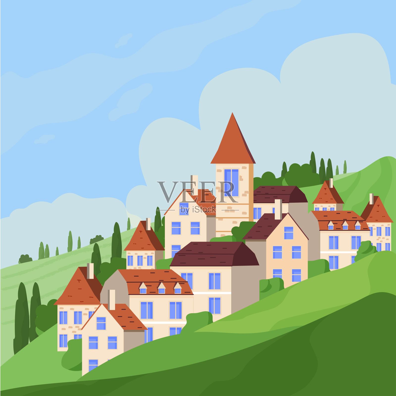 全景矢量插图农村乡村与欧洲房屋在丘陵股票矢量插图。积极的绿色场景，全景。插画图片素材