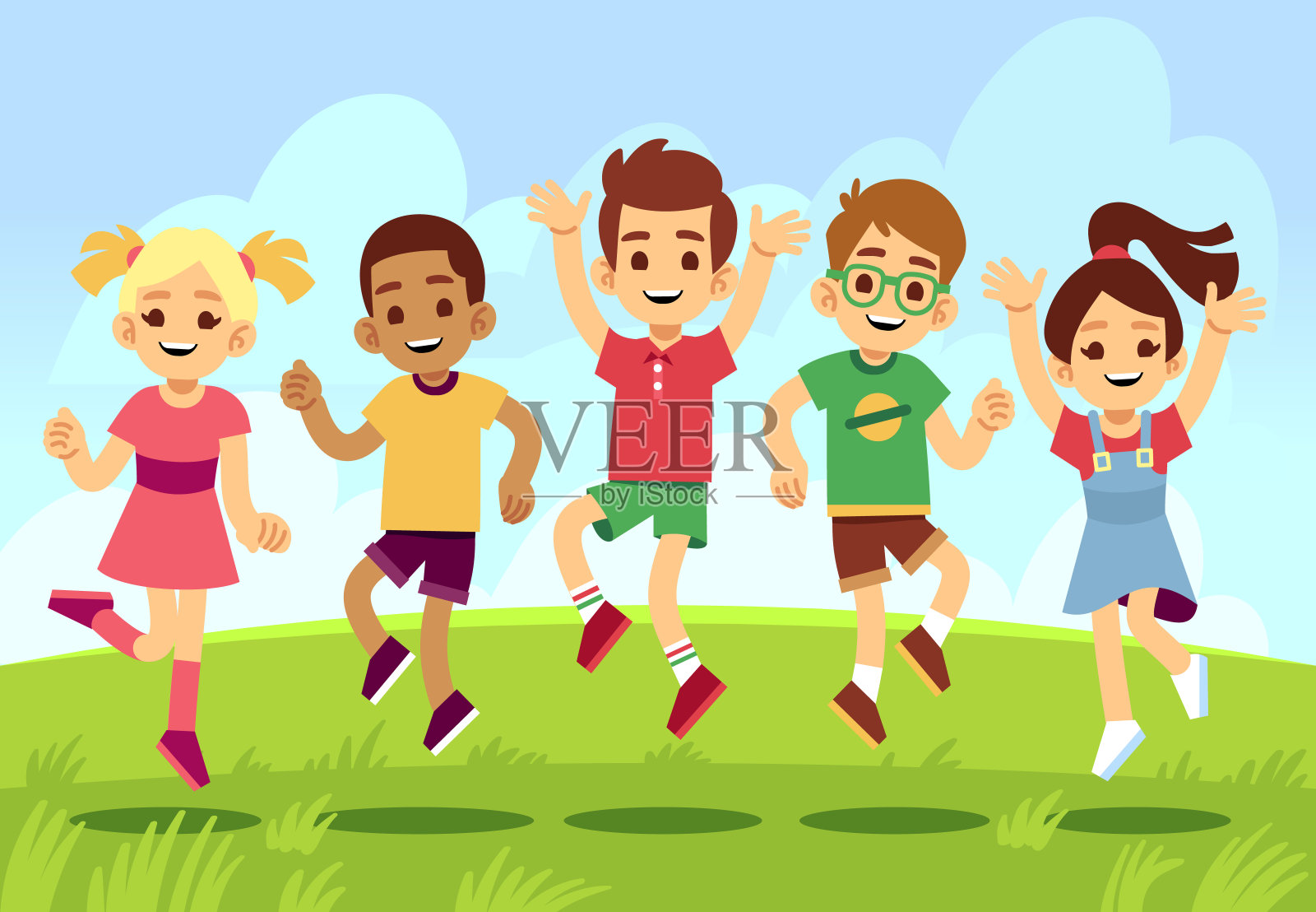 快乐的孩子们，男孩女孩们在户外嬉戏跳跃。暑假矢量概念与卡通运动和微笑的孩子插画图片素材
