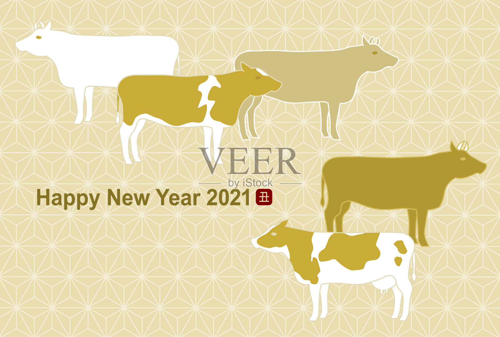 2020年贺年卡。牛年。牛的矢量插图和日本传统图案。插画图片素材