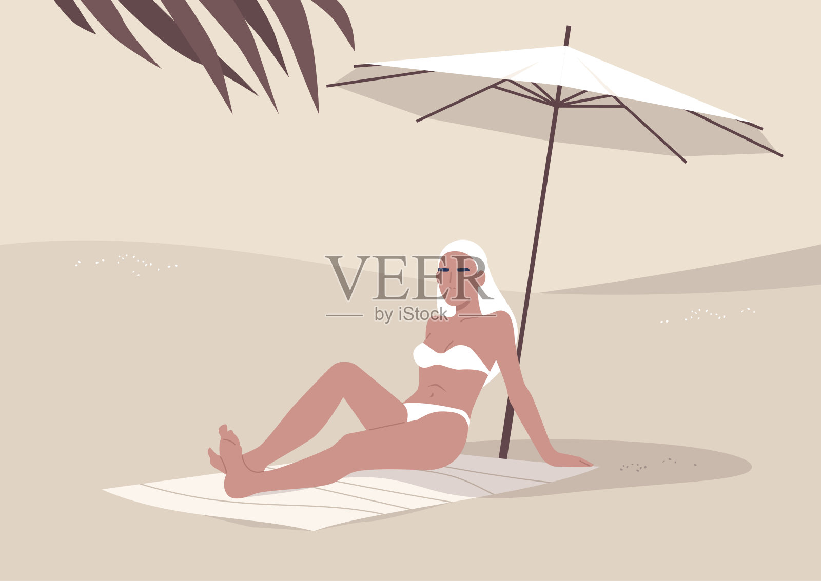 年轻女子坐在沙滩上撑伞，夏日度假，炎热的热带气候插画图片素材