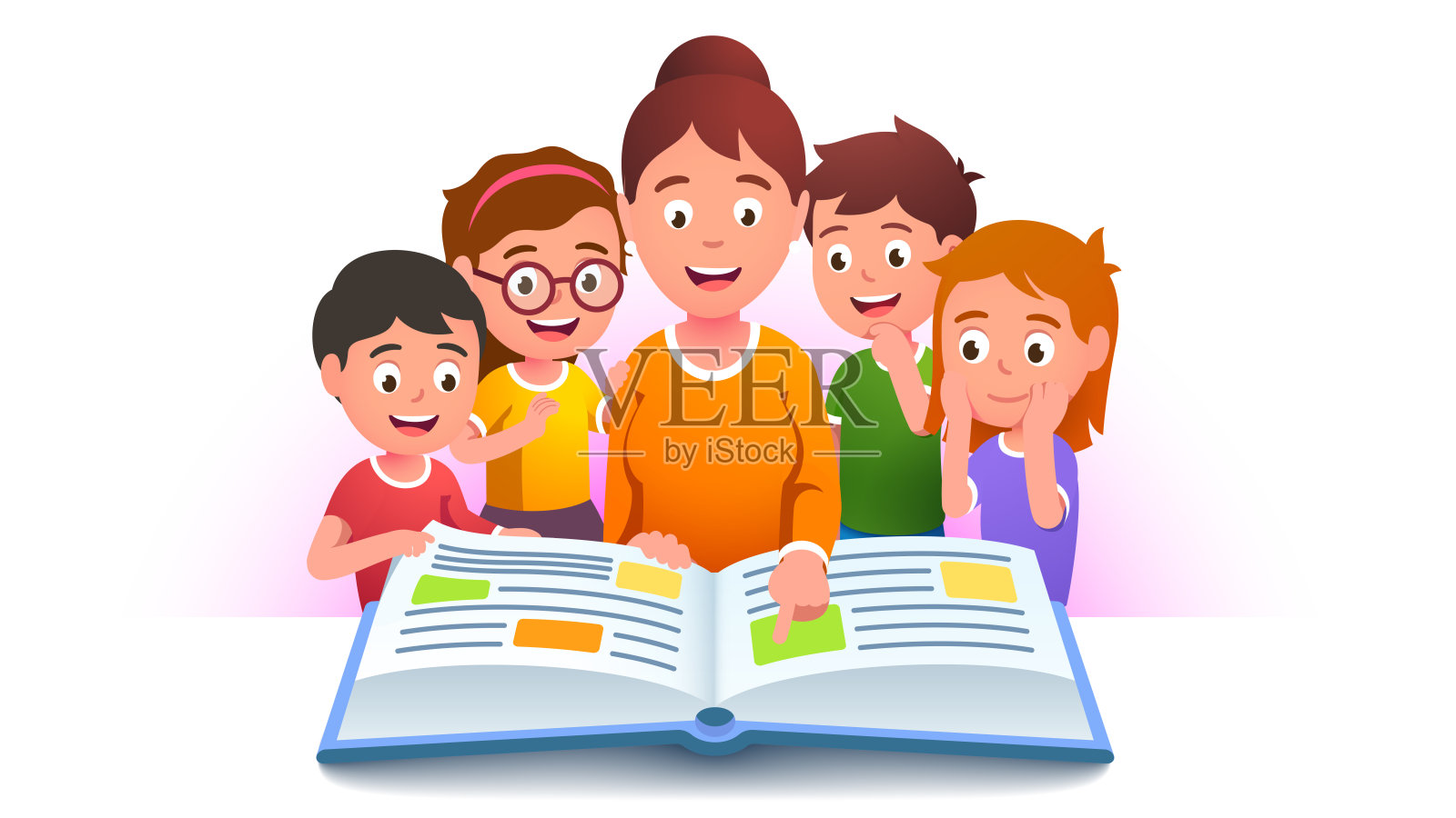 女老师指着大书一页教孩子们上课，学生们聚集在学校或幼儿园的教育课上。兴奋的孩子学习阅读。平面向量插图插画图片素材