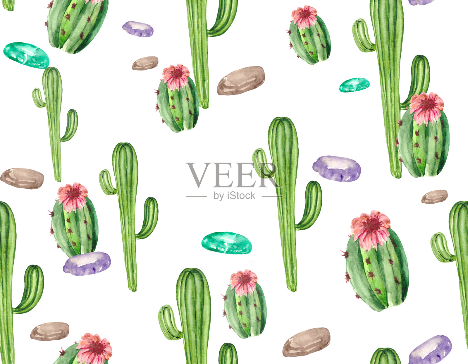 绿色的仙人掌，五彩的石头和粉红色的花朵，无缝的节日图案。美味的水彩背景的纺织品，原始的壁纸和包装上的主题沙漠和它的植被。设计元素图片