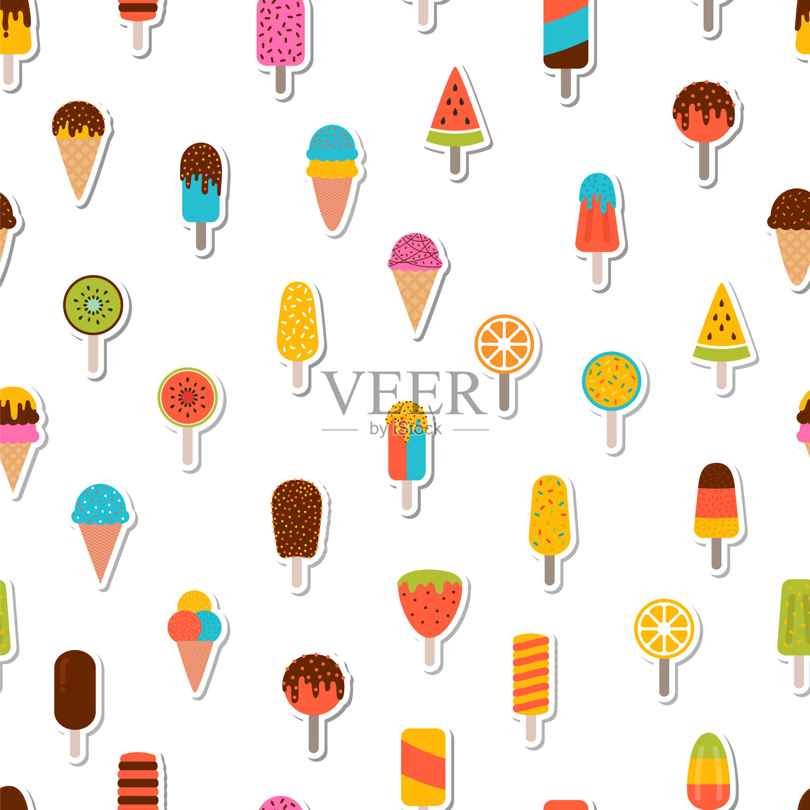 美味的彩色冰淇淋无缝图案。甜蜜的夏日背景。贴纸。可爱的织物印花，包装纸插画图片素材