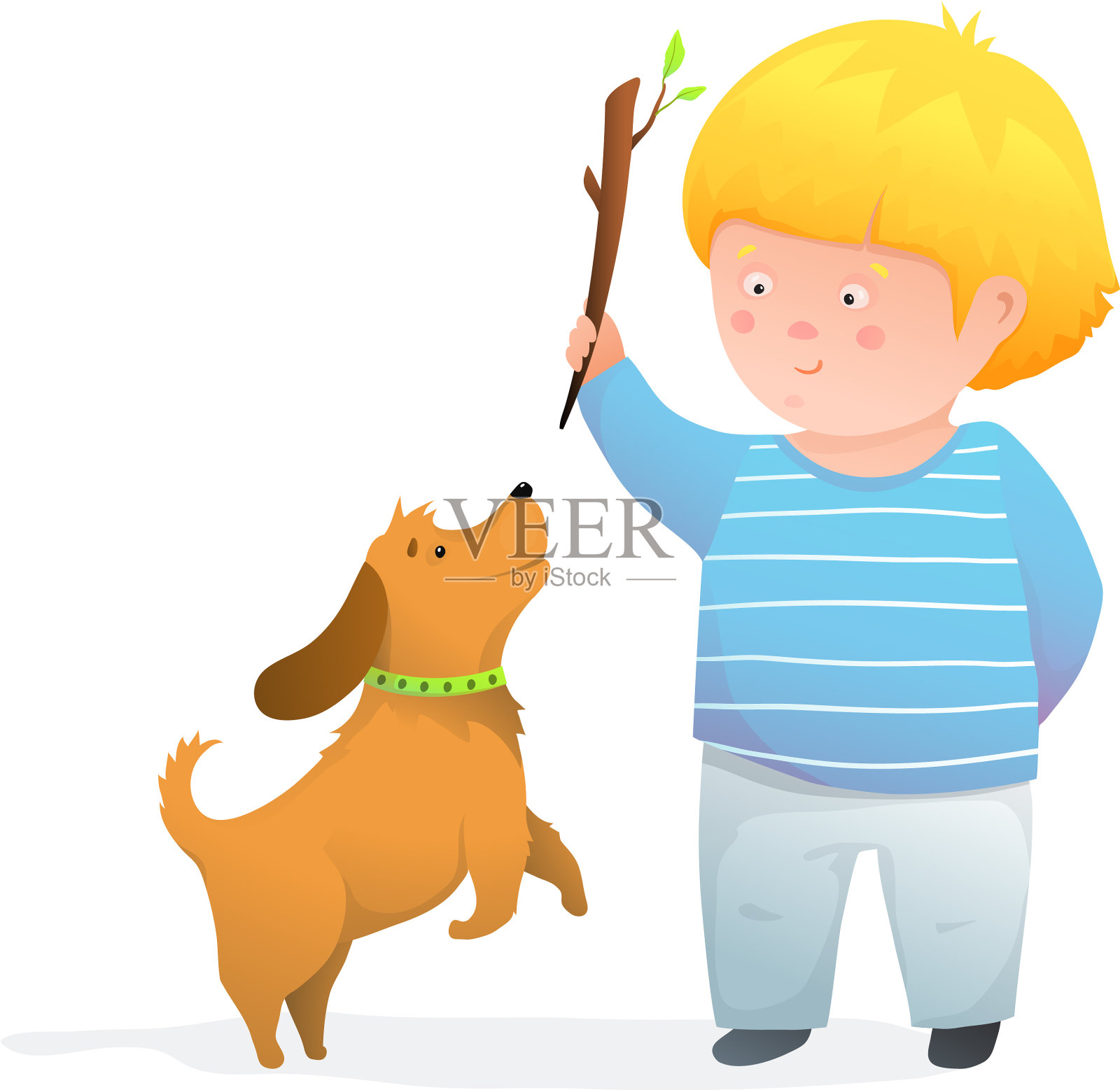 小男孩扔木棍为小狗高兴和跳跃设计元素图片