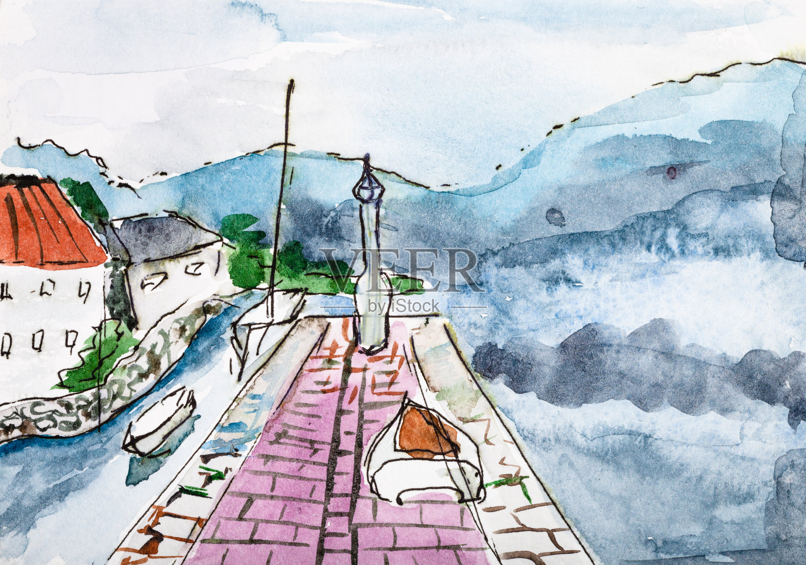 在黑山科托尔镇的码头插画图片素材