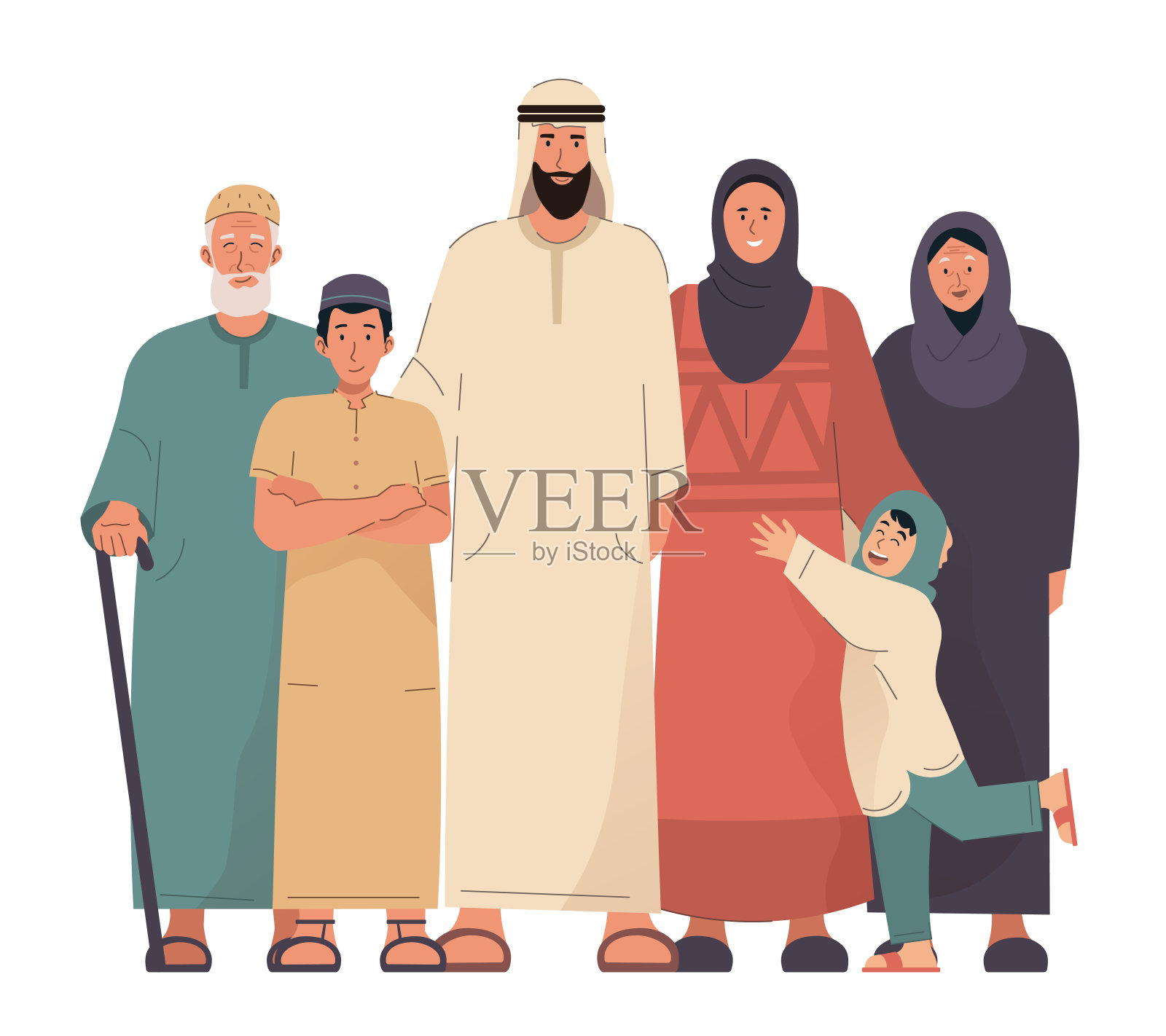 阿拉伯的全家福。祖父母、父母和孩子。阿拉伯人在平面卡通插图插画图片素材