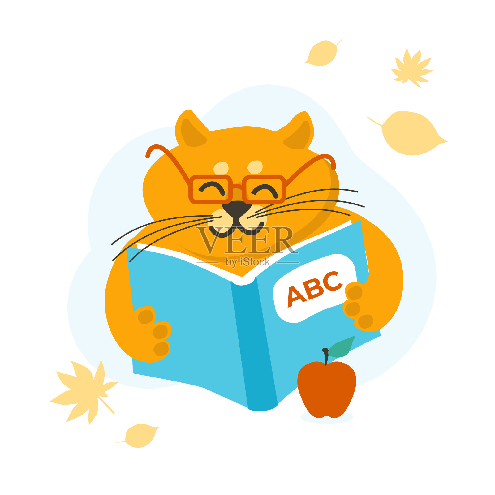 矢量插图的智能红猫在眼镜阅读工作簿，红苹果和秋天的叶子。回到学校的概念。孩子们说明。设计元素图片
