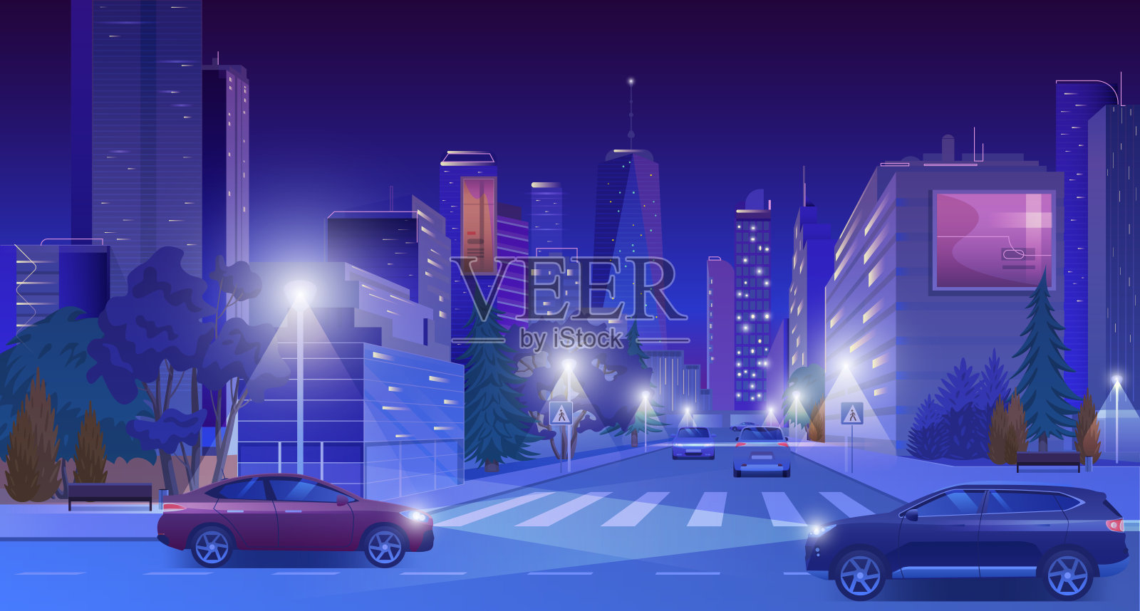 城市市中心在夜晚矢量插图，卡通平面现代蓝色未来的城市景观与摩天大楼在发光的霓虹灯，汽车在街道道路上照明插画图片素材