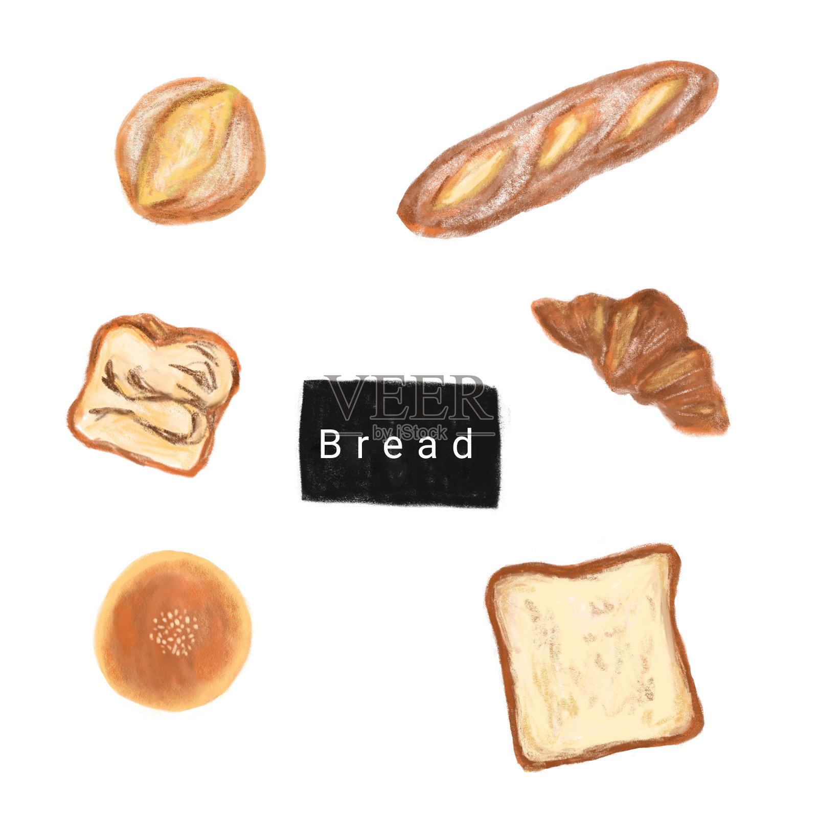 面包店设置手绘插图。面包,面包,羊角面包。前视图详细说明设计元素图片