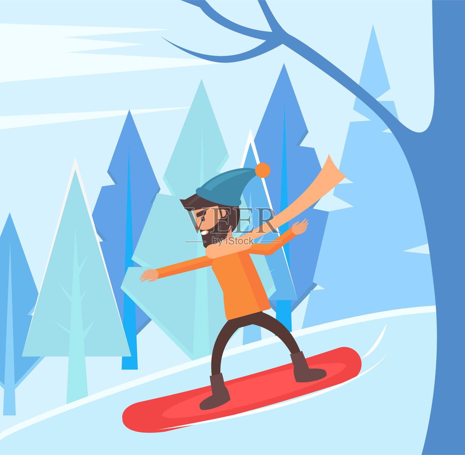 男子在冬季森林滑雪，男性的爱好插画图片素材