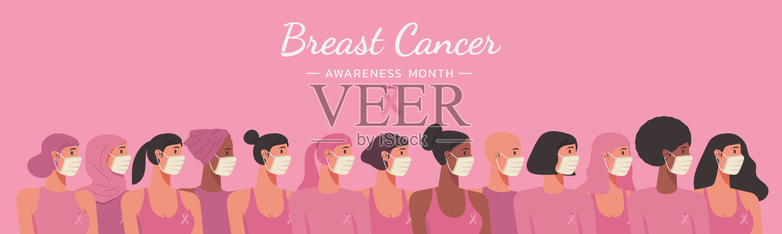乳腺癌宣传月网页横幅，上面有不同种族的女性团体戴口罩插画图片素材