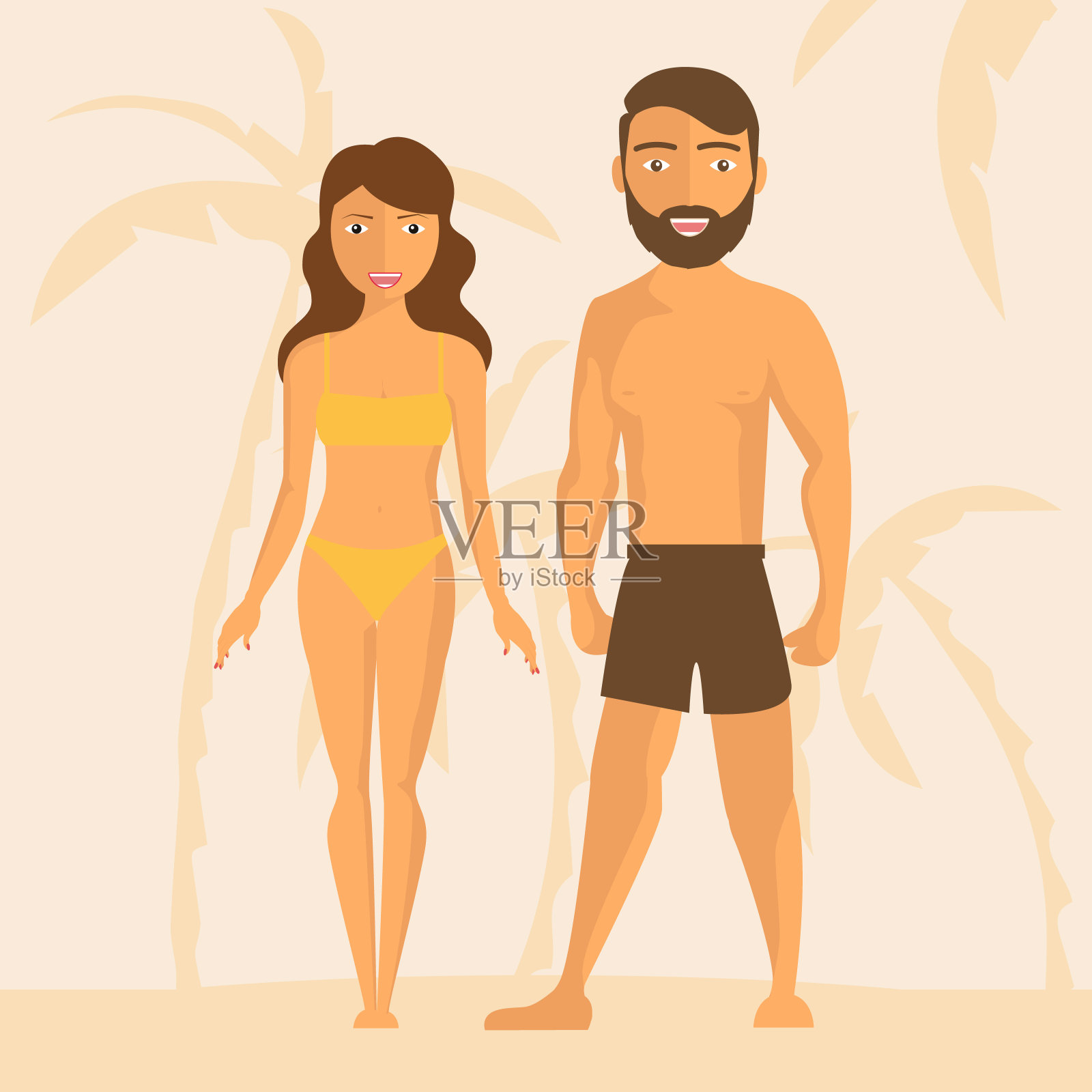 海滩上一对美丽的情侣角色。矢量平面卡通插图-矢量插画图片素材