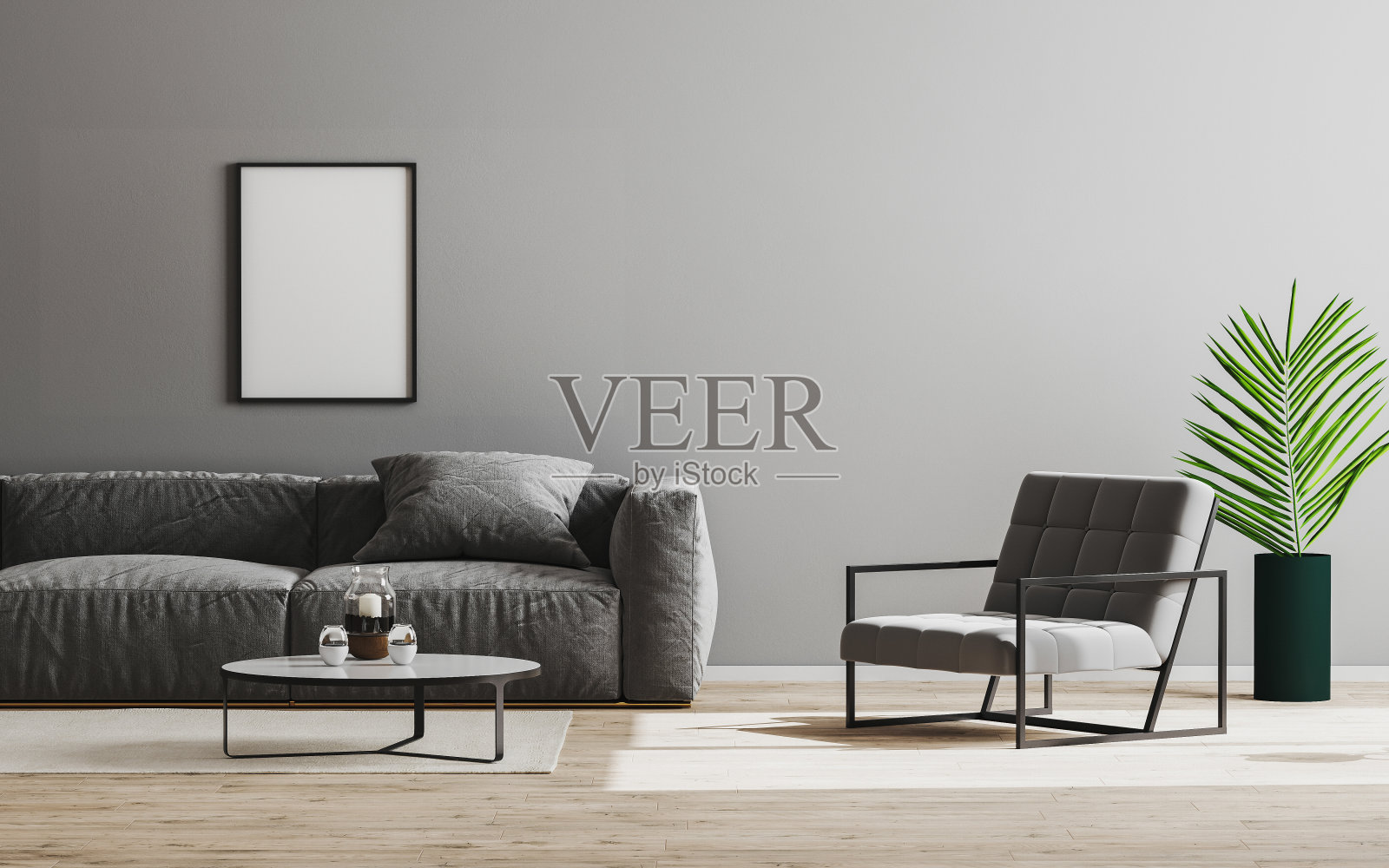 空的画框模型在现代客厅室内背景灰色沙发和扶手椅，灰色墙壁和木地板，房间室内设计，3d渲染照片摄影图片