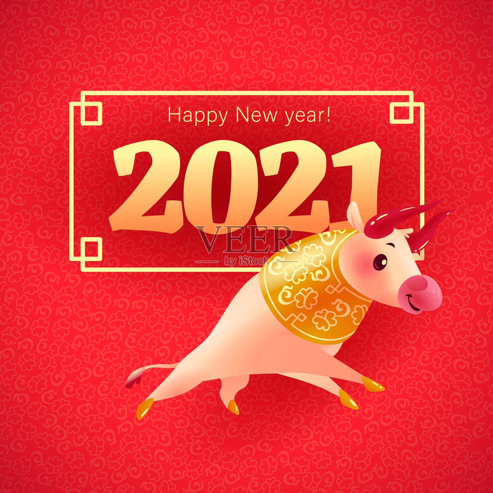 日历设计，金色2021数字框架和东方动物公牛吉祥物人物插画图片素材