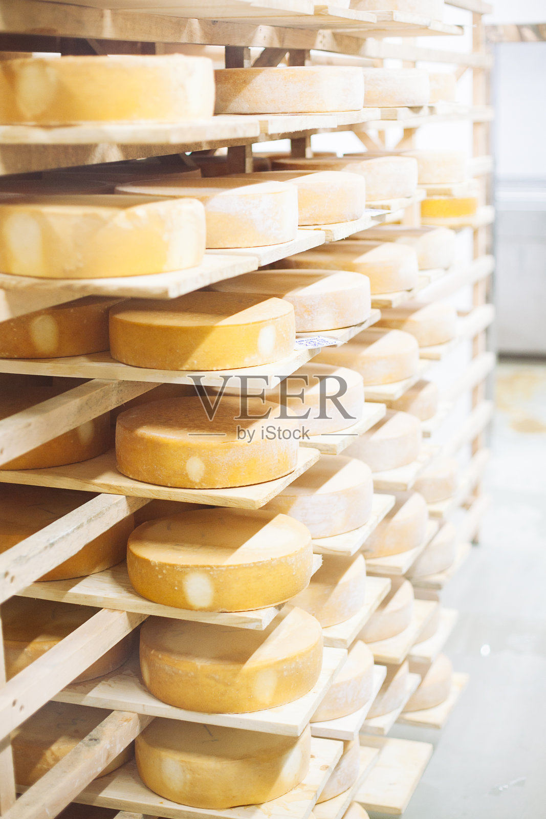 牛奶奶酪，储存在木架子上，让它成熟照片摄影图片