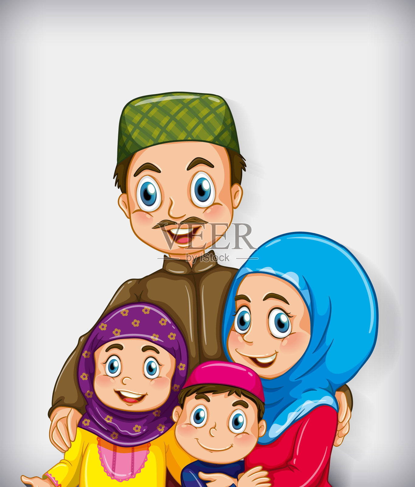 穆斯林家庭成员对卡通人物的色彩渐变背景设计元素图片