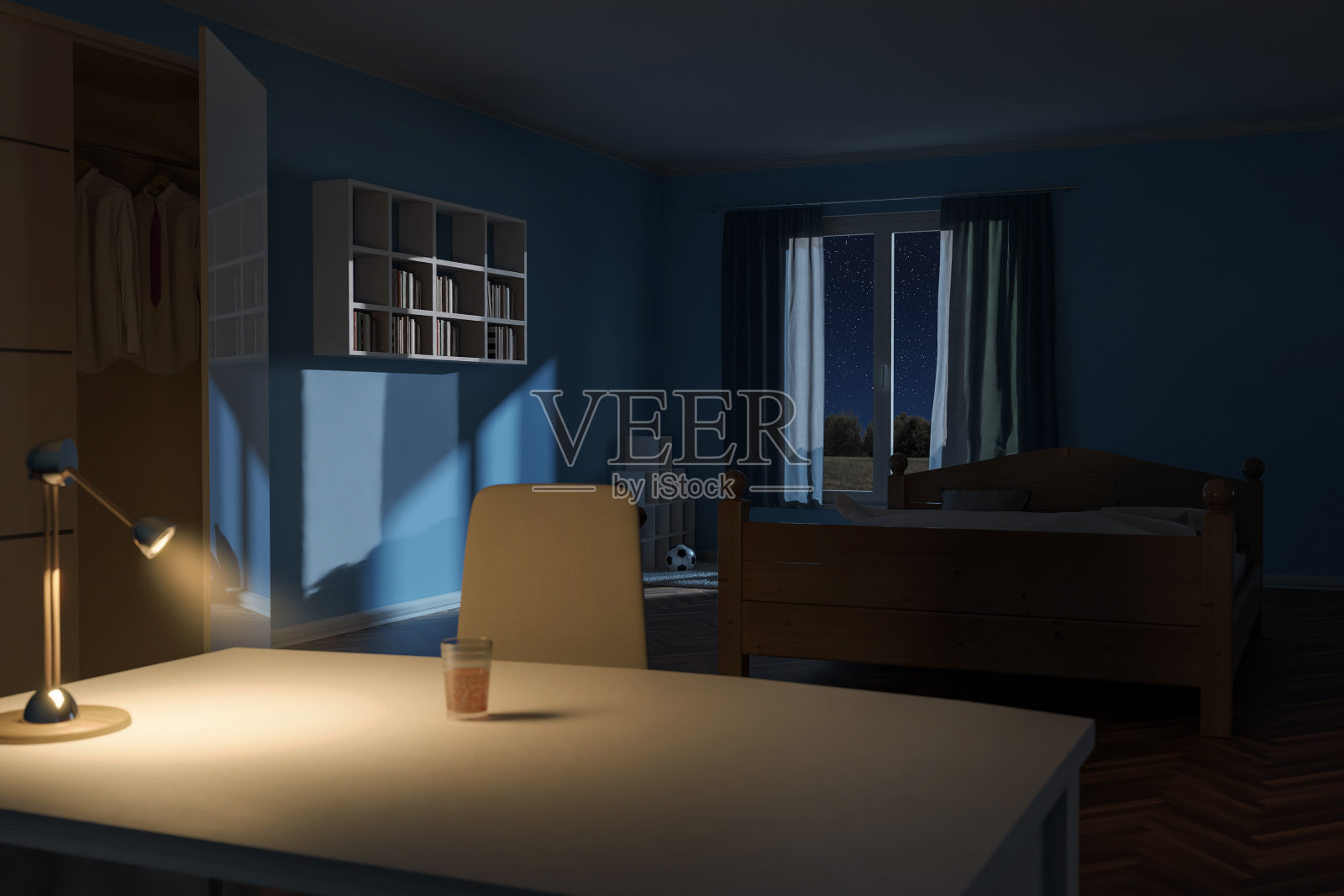 卧室在晚上的3d渲染与发光的台灯照片摄影图片