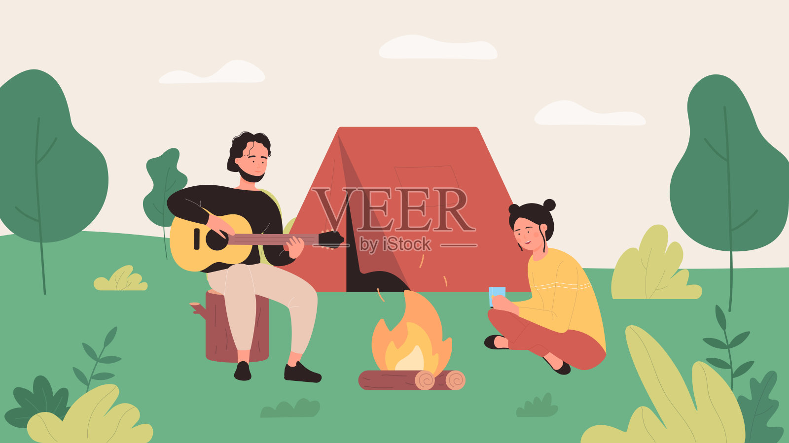 游客露营平面矢量插图，卡通快乐的营员坐在营火旁边的帐篷，男孩演奏音乐吉他背景插画图片素材