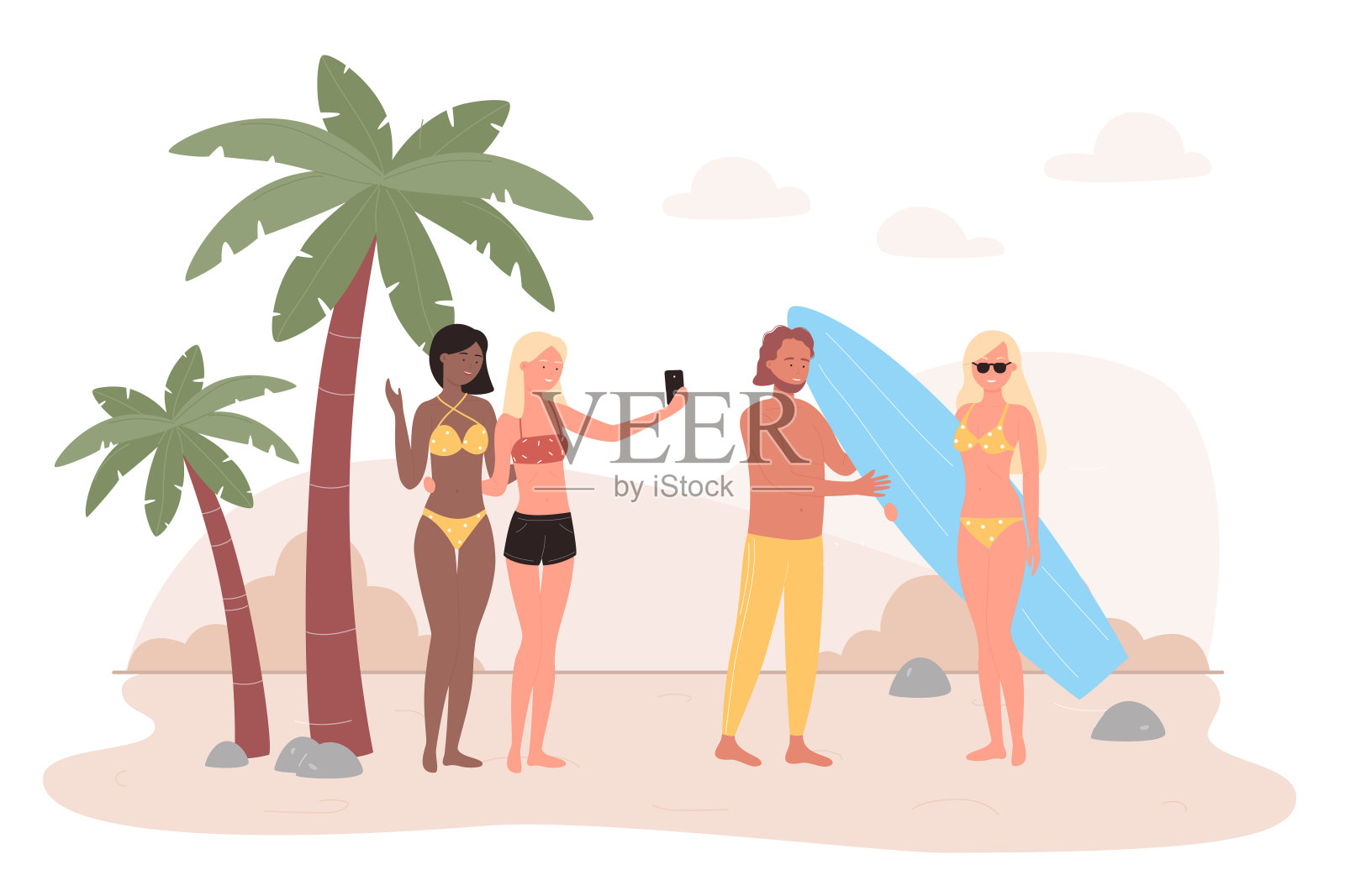 人们在热带海滩平矢量插图，卡通快乐的朋友人物花在夏季户外海边热带的乐趣时间，自拍，交流插画图片素材
