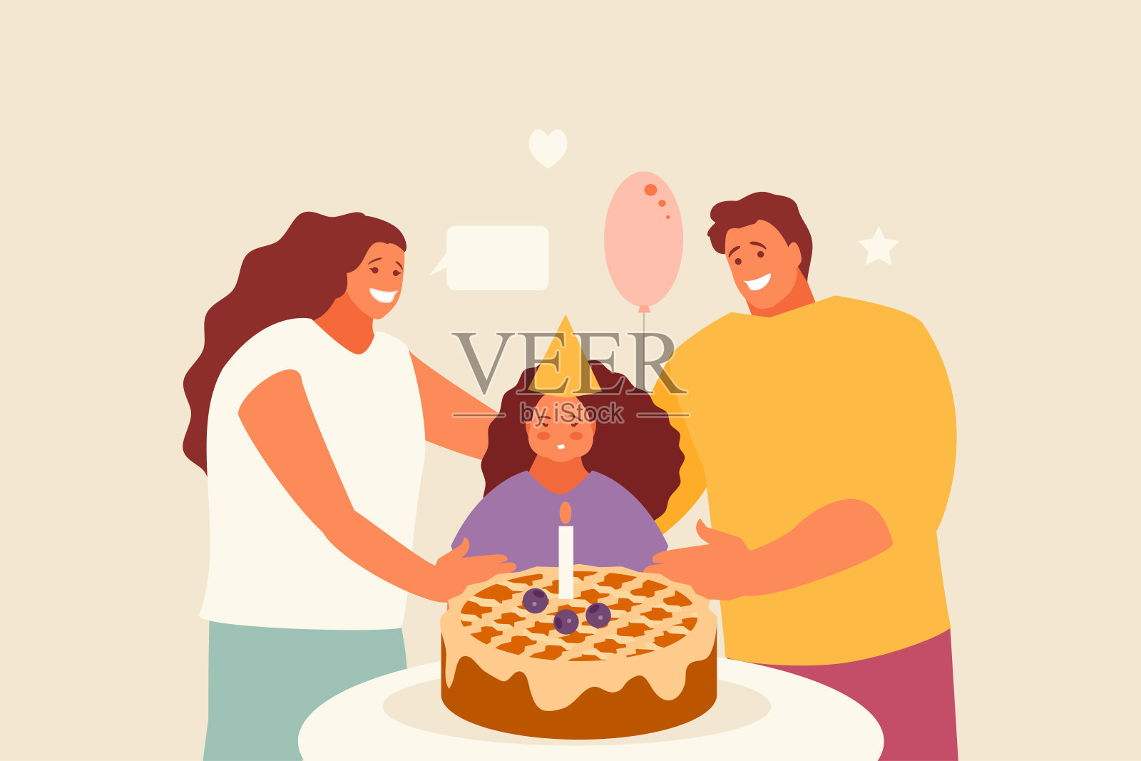 女孩和父母一起庆祝生日插画图片素材