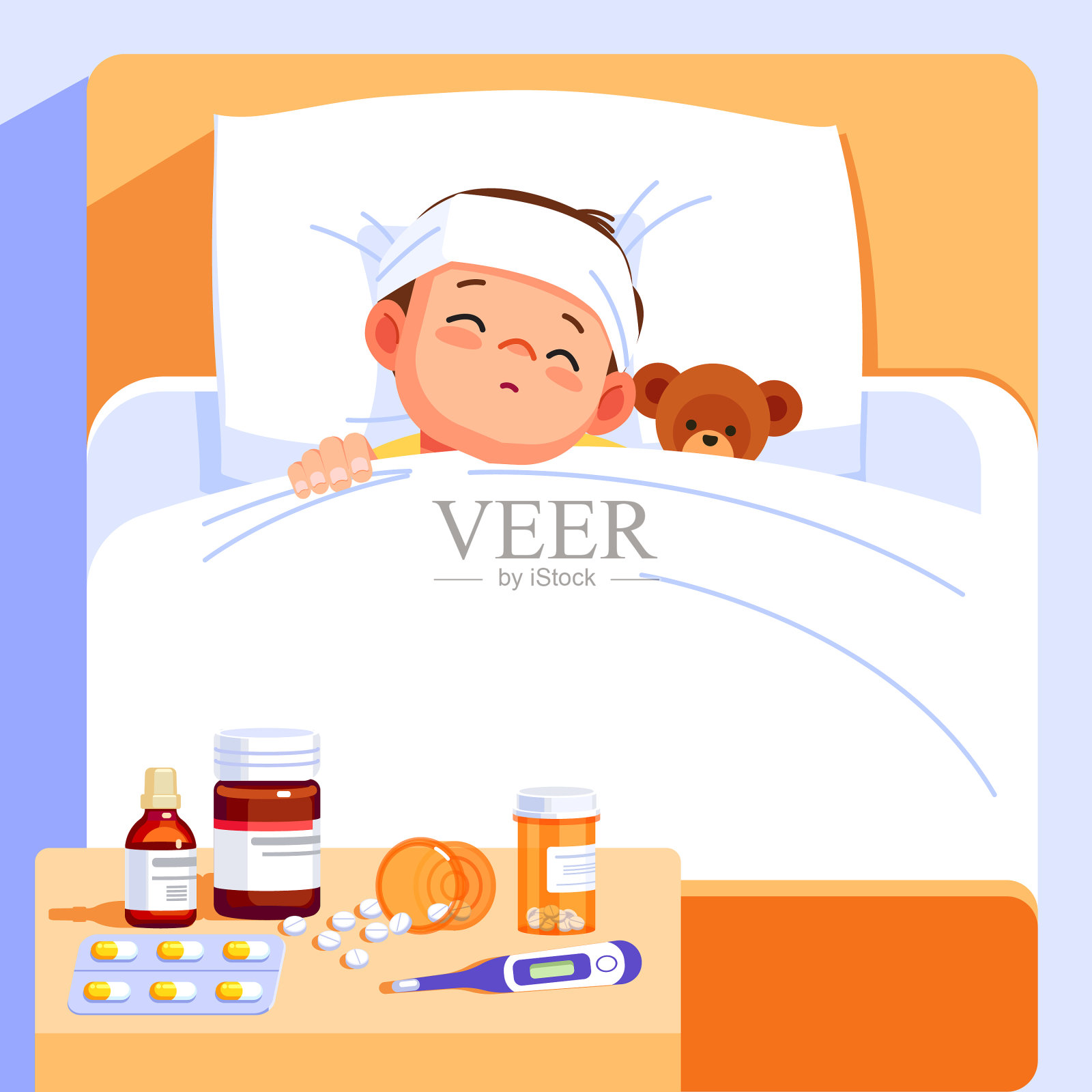 生病的男孩睡在床上，抱着泰迪熊插画图片素材
