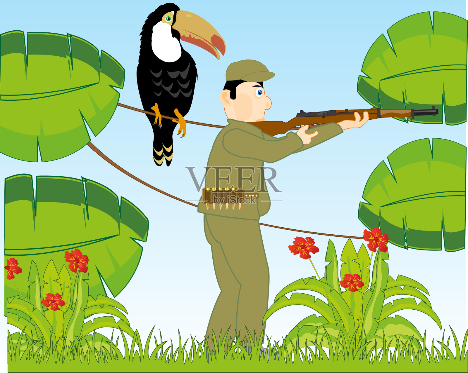 绿色丛林和猎人与武器插画图片素材