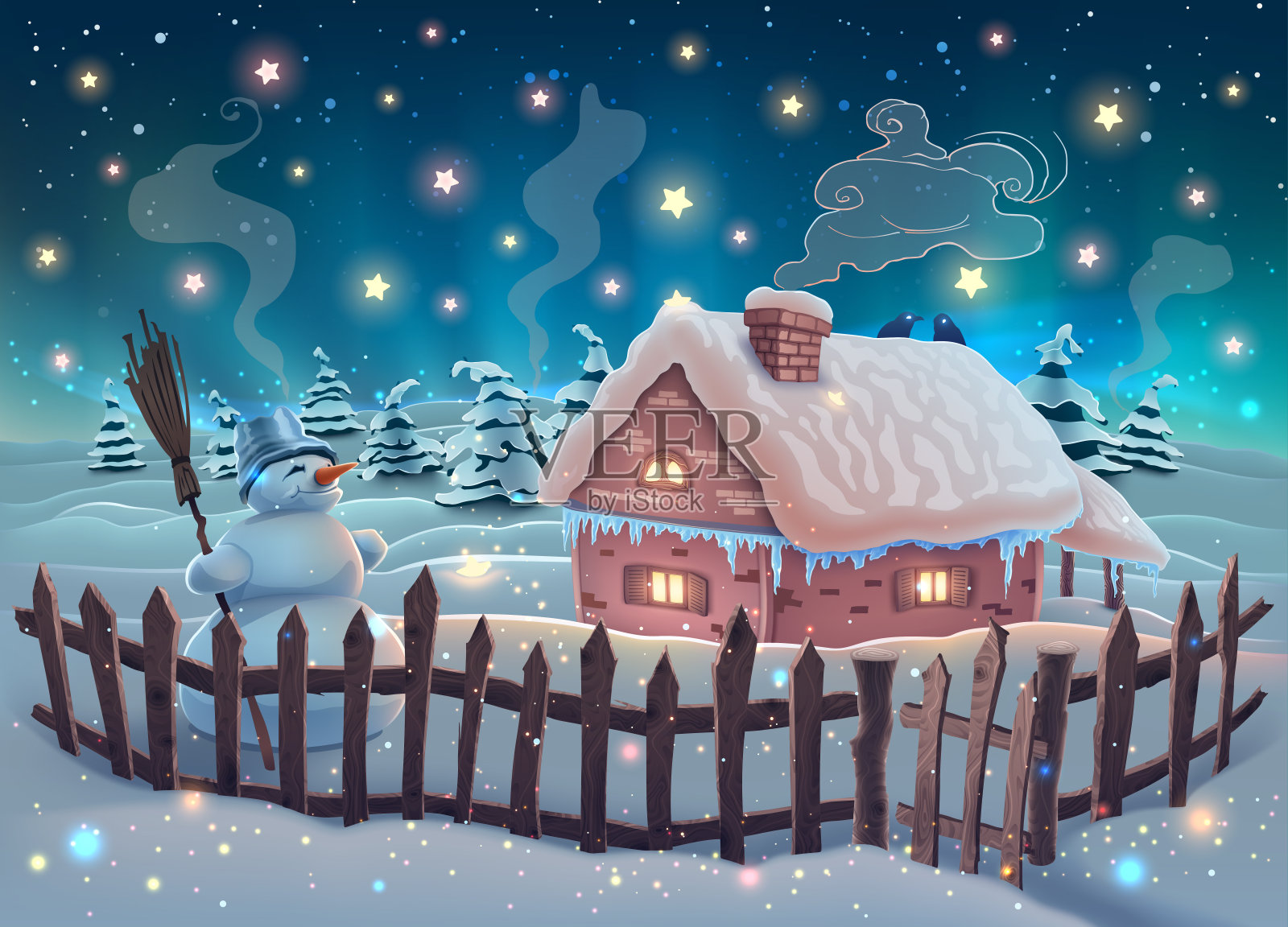 冬季景观以房子、雪人、圣诞树、雪花、星空、雪花和灯光为载体。新年快乐插图，节日贺卡。插画图片素材