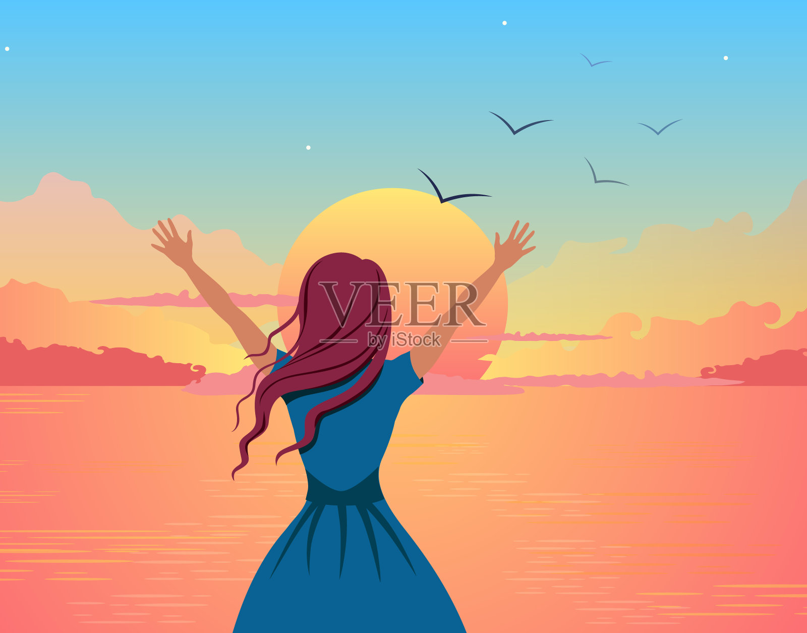 女孩高兴地迎接日落插图。美丽的卡通女孩在橙色的海的背景举起她的手。插画图片素材