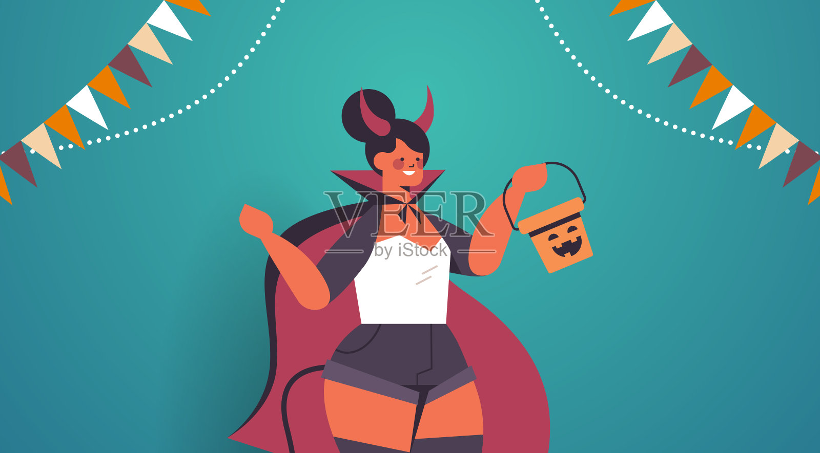 女孩在魔鬼服装抱着南瓜桶快乐的万圣节节日庆祝概念插画图片素材