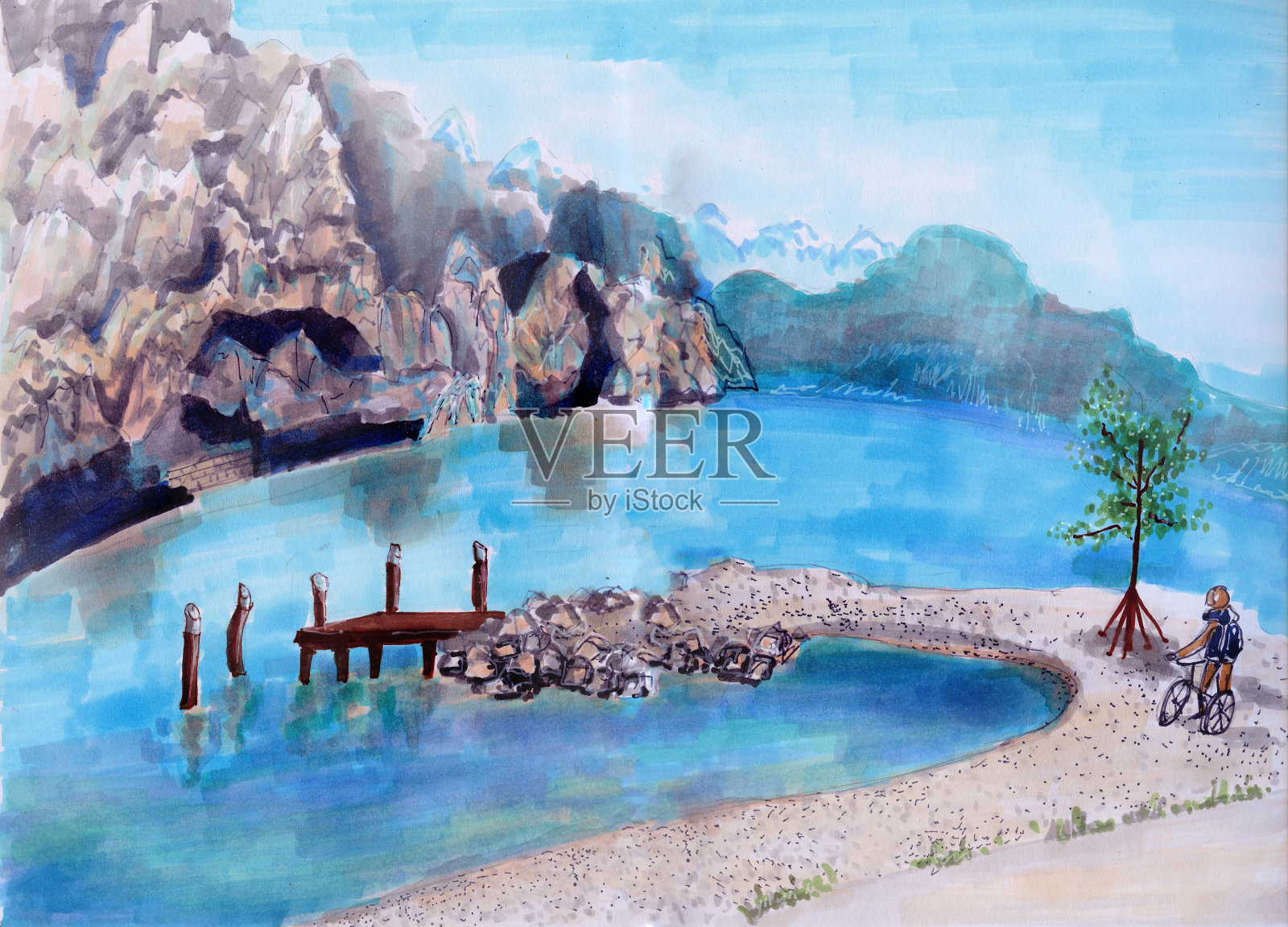 地中海的浪漫。意大利加尔达湖。手绘水彩速写。插画图片素材